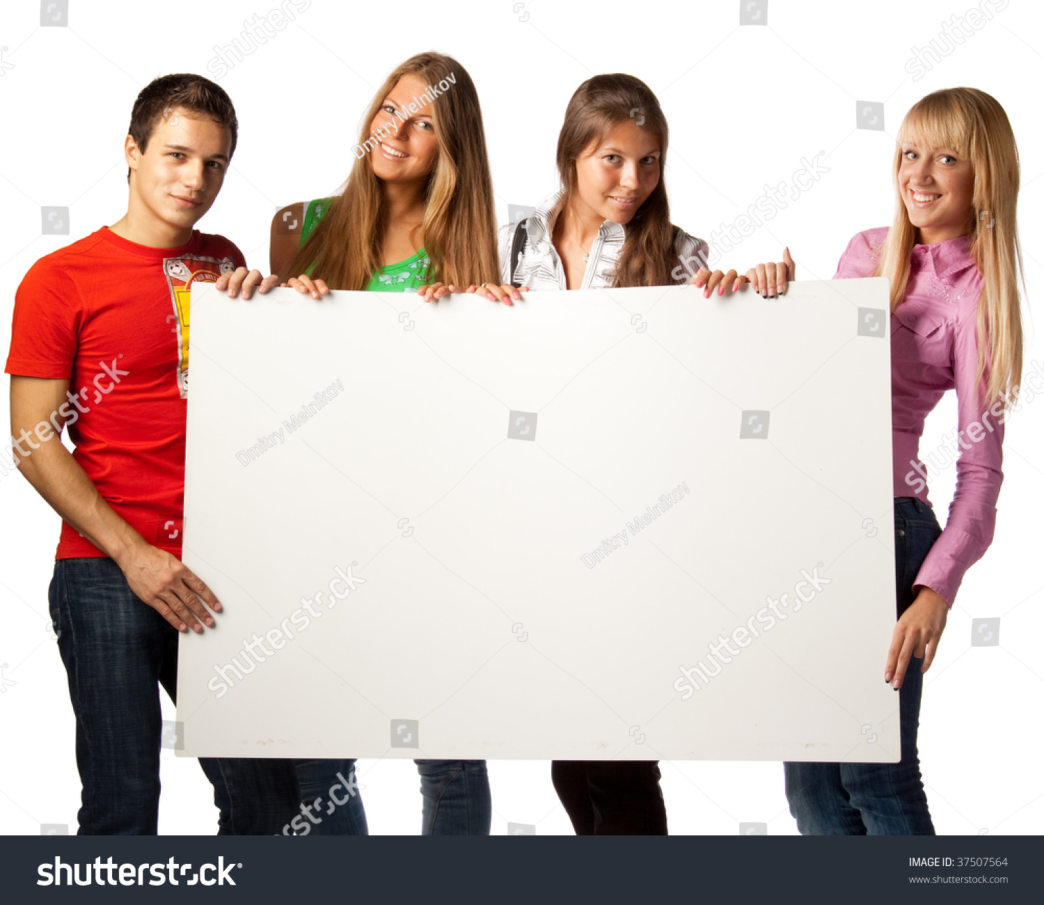The Group Of Young People Holds The Empty Board For The Text On A White ...