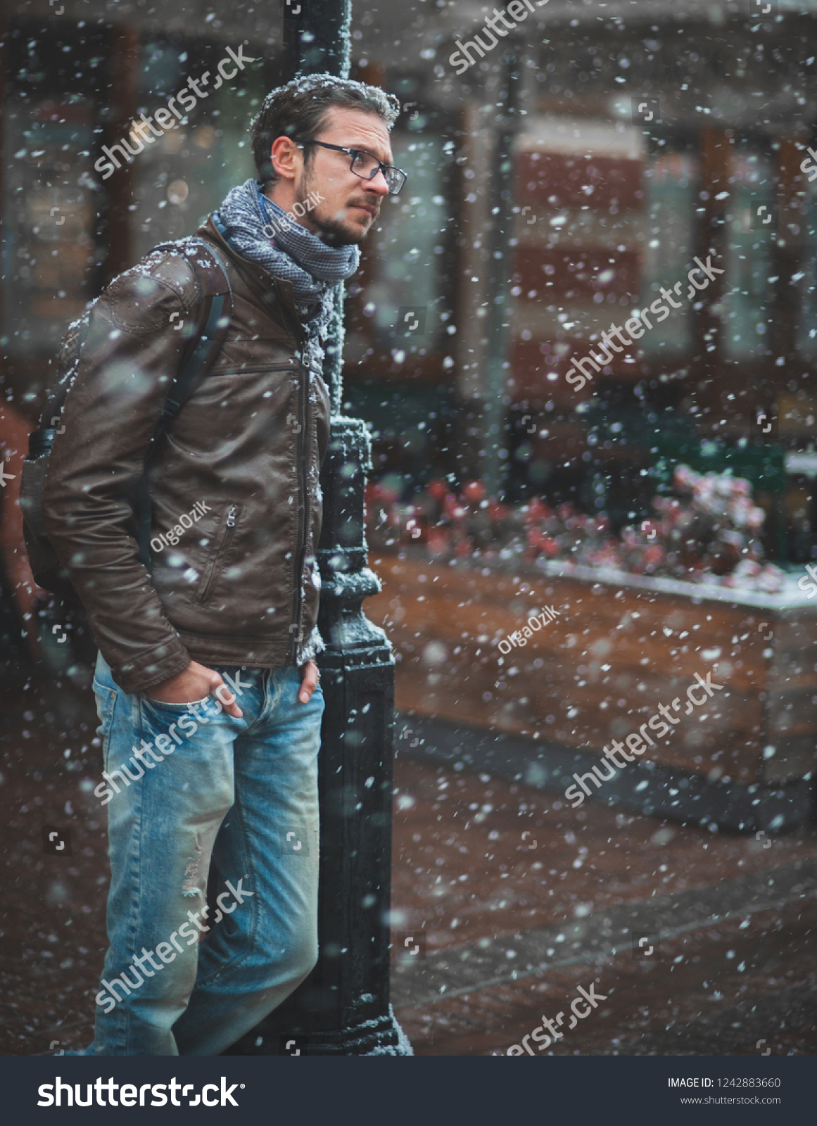 leather jacket in snow