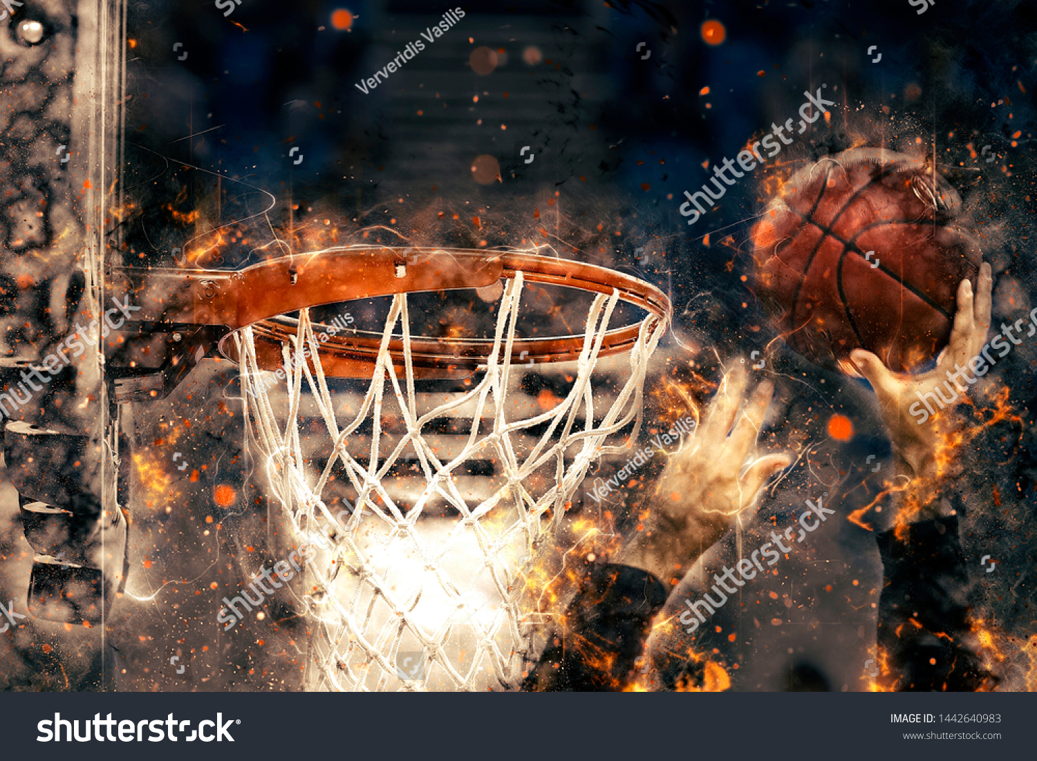 バスケットボールの選手の手がバスケットにボールを投げる 火の効果 のイラスト素材