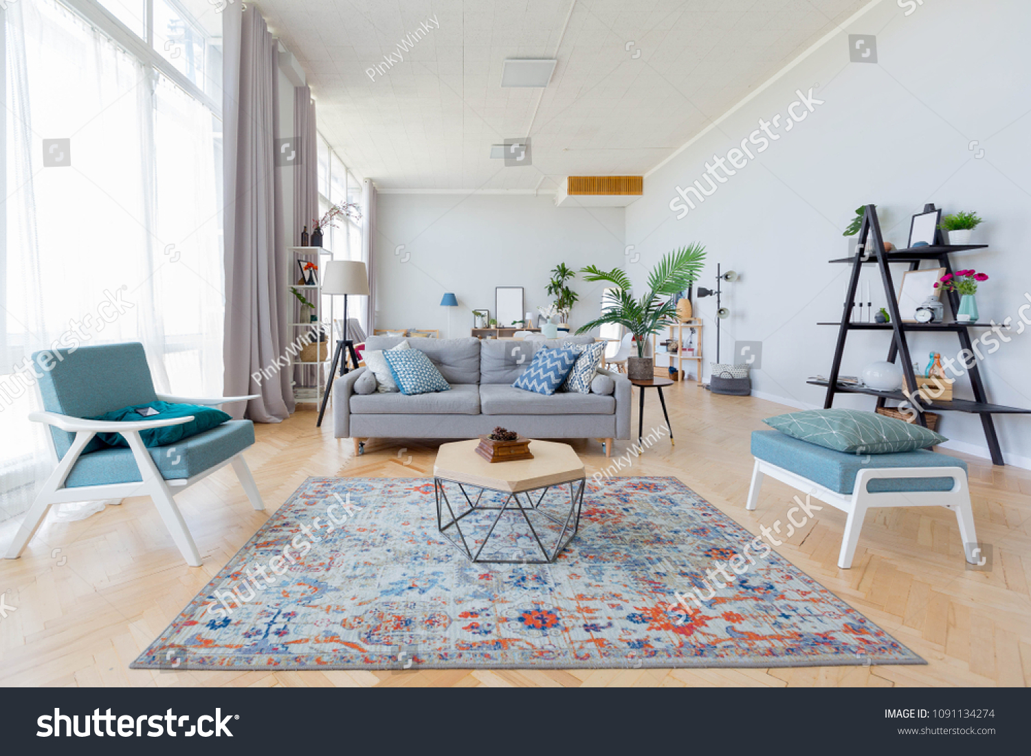 The interior design of the studio apartment in scandinavian style a spacious huge room in