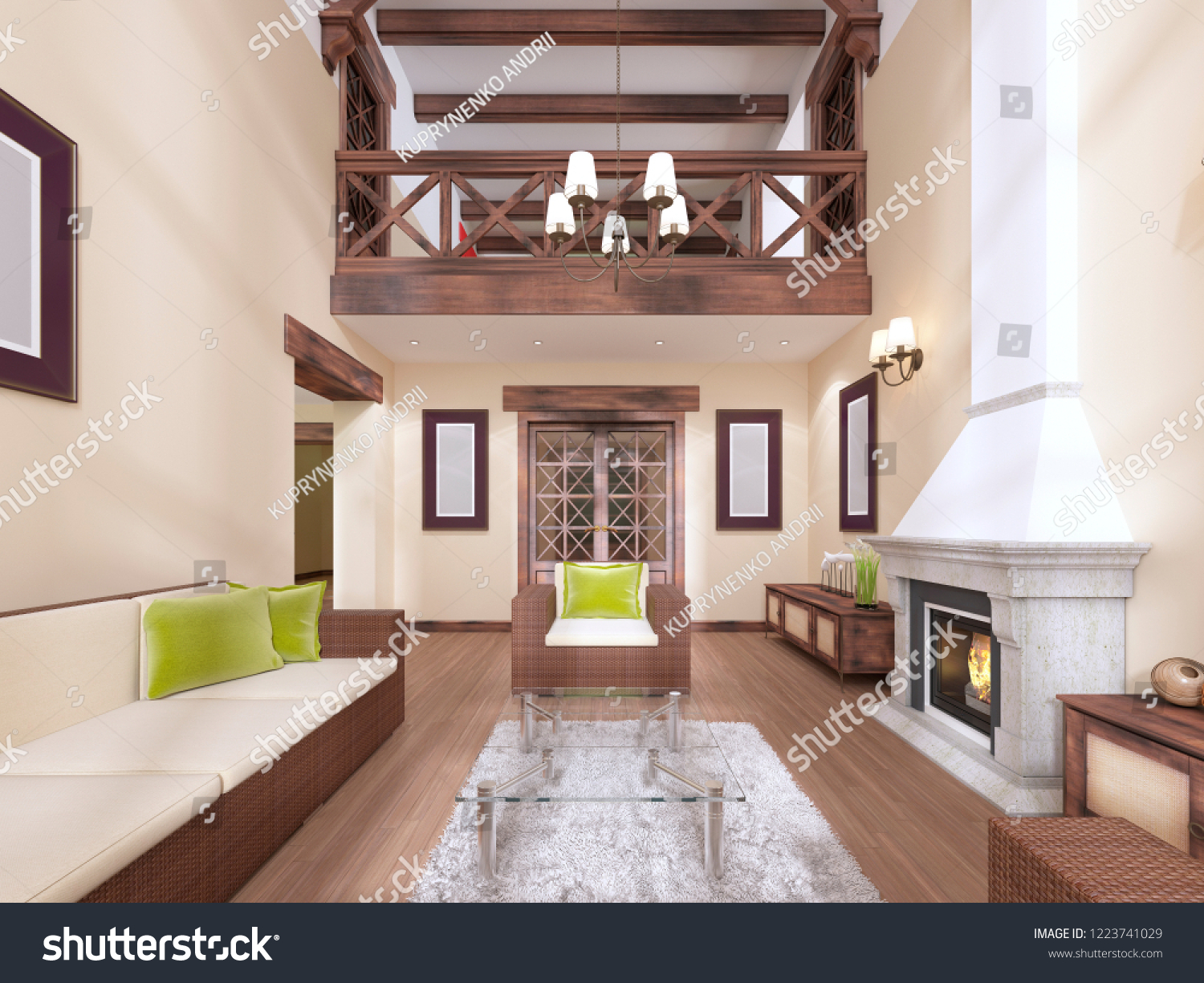 The interior is modern english style with a fireplace high ceilings with wooden beams