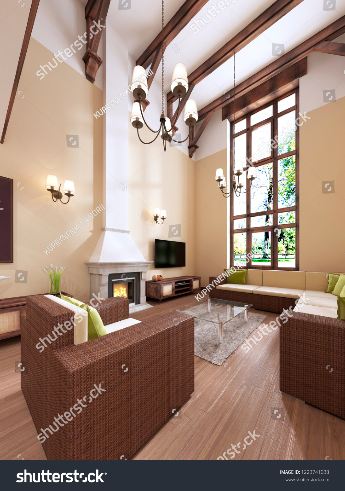 The interior is modern english style with a fireplace high ceilings with wooden beams
