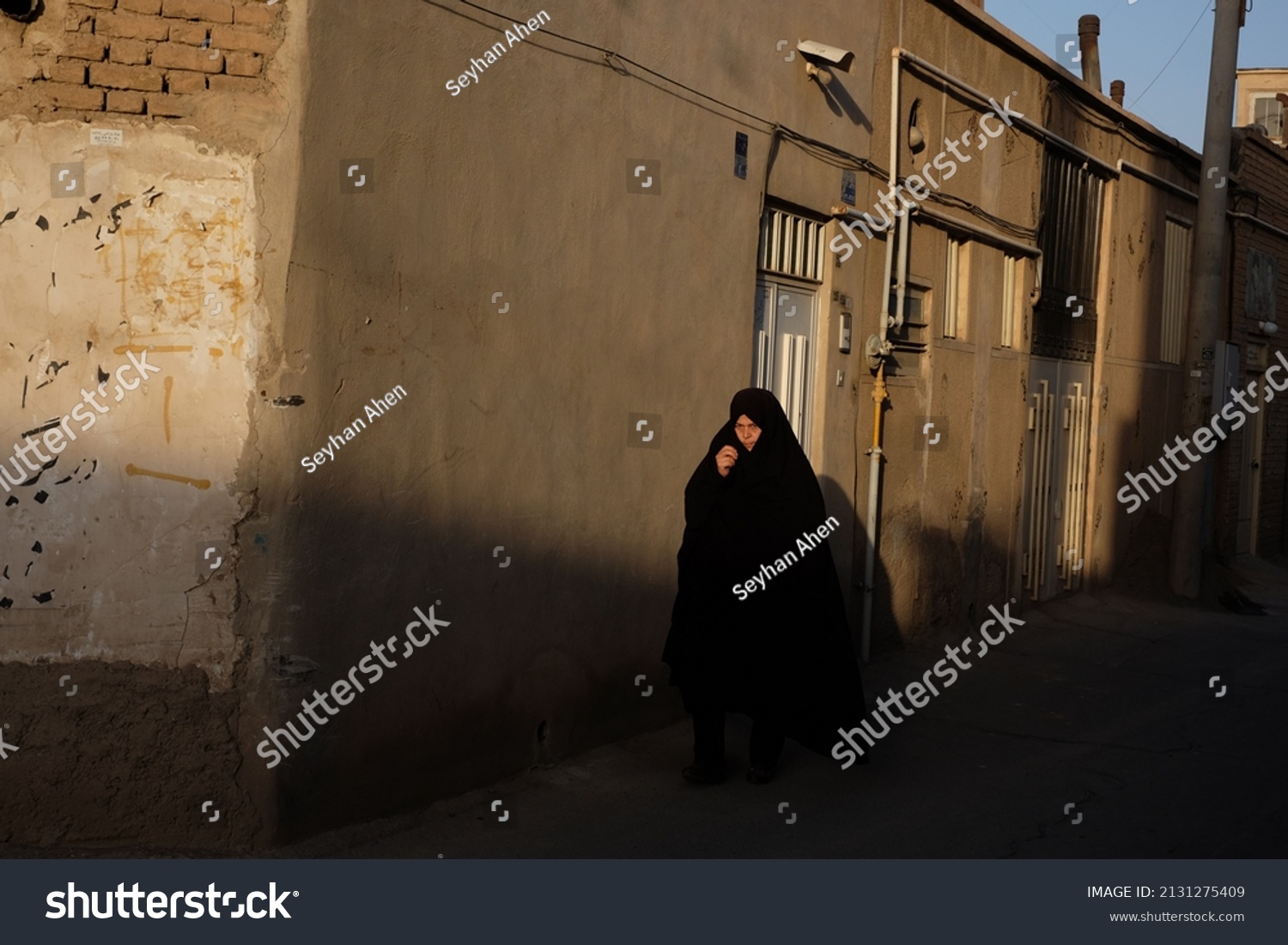 Iranian Women Black Burqa Walking Yazd Stock Photo 2131275409