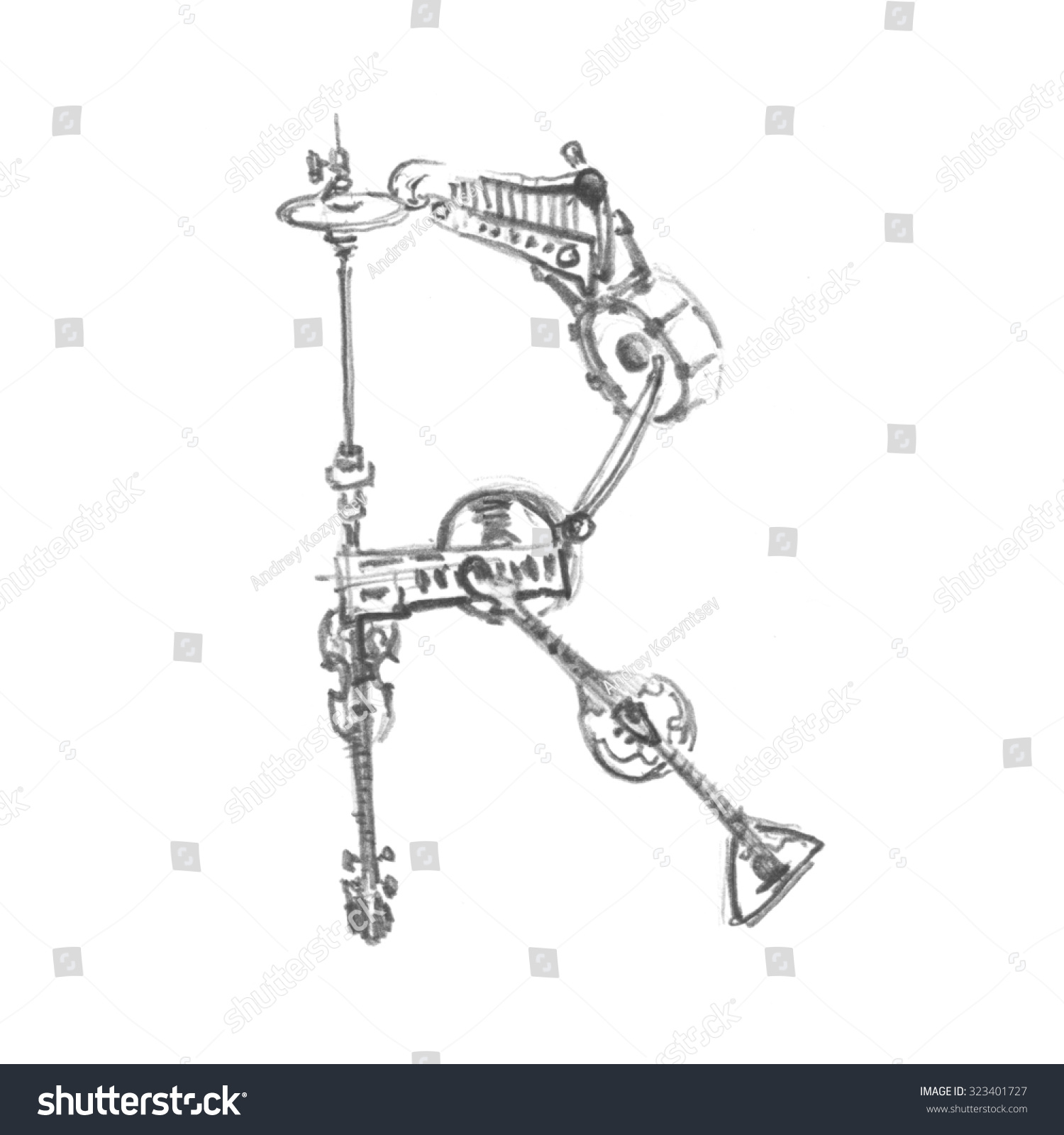 The letter r made of musical instruments pencil drawing