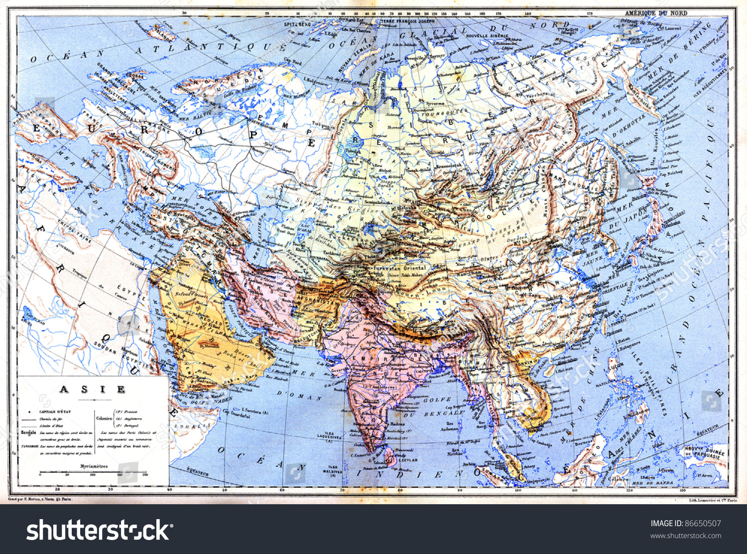 The Map Of Asia With Names Of Cities And Countries On Map From The Late ...