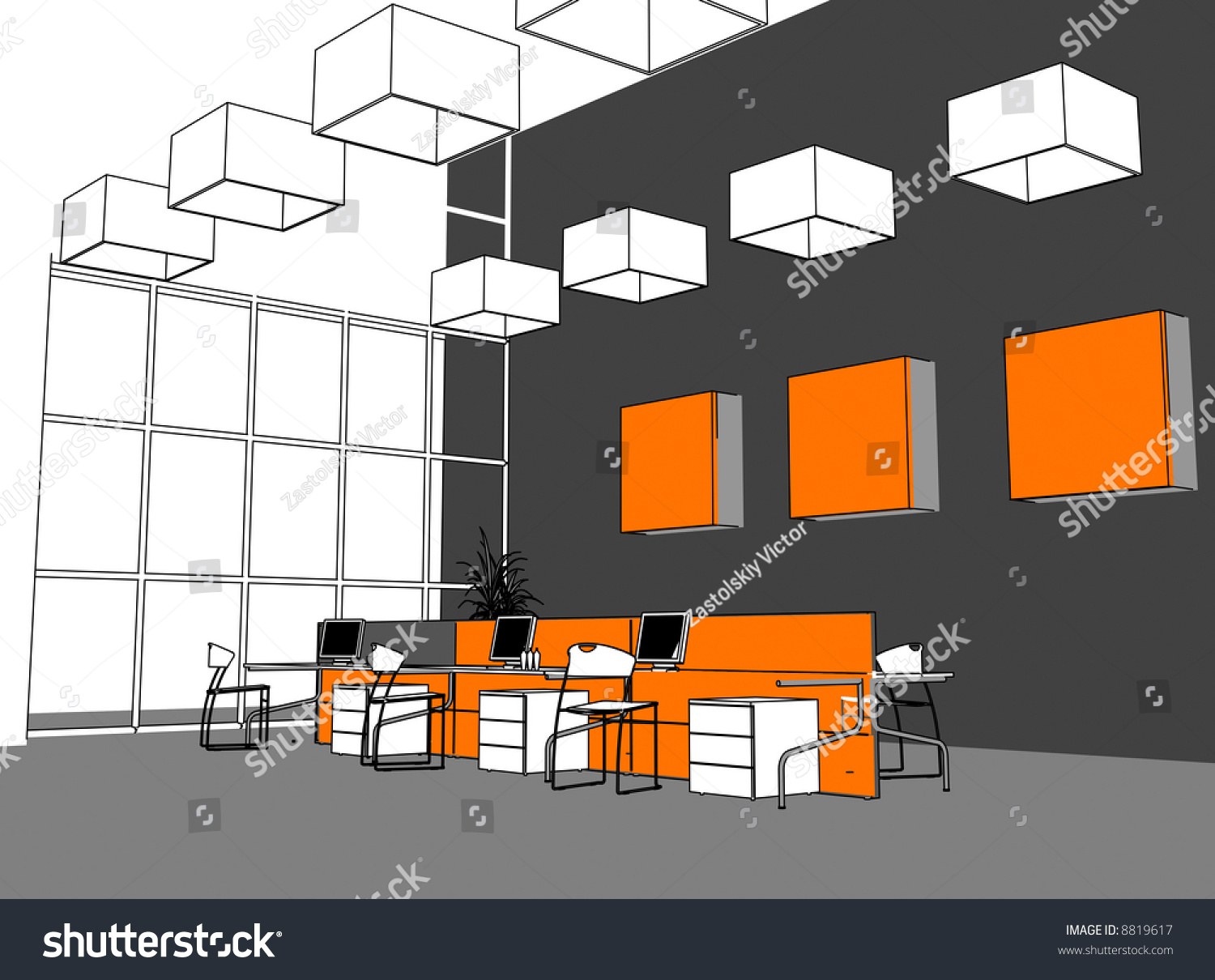 The Modern Office Interior (Cartoon Style Rendering) Stock Photo ...