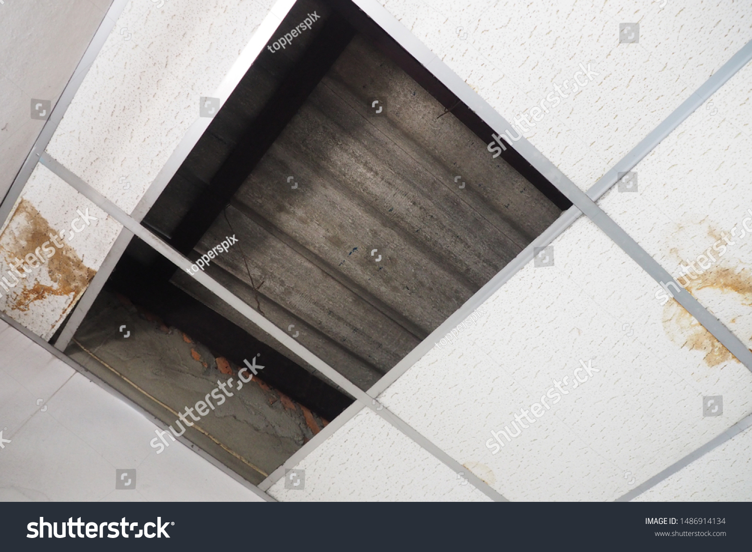 Old Concrete Roof Suspended Ceiling Stained Stock Photo