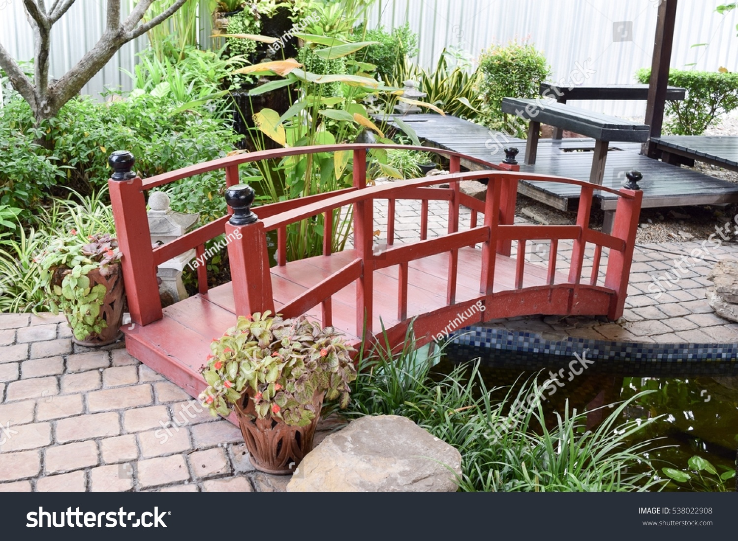 Old Red Wooden Bridge Garden Parks Outdoor Backgrounds Textures