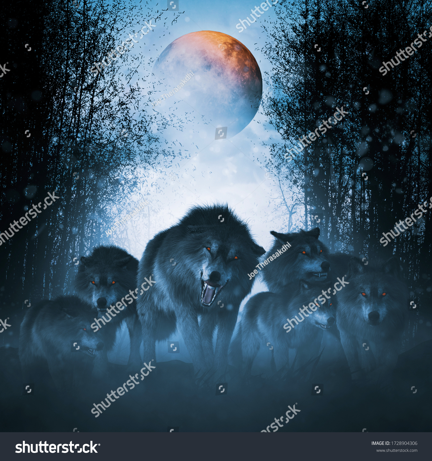 赤い月の群れ 森の中の獰猛な狼のグループ 3dイラスト のイラスト素材 赤い月の群れ 森の中の獰猛な狼のグループ 3dイラスト のイラスト素材
