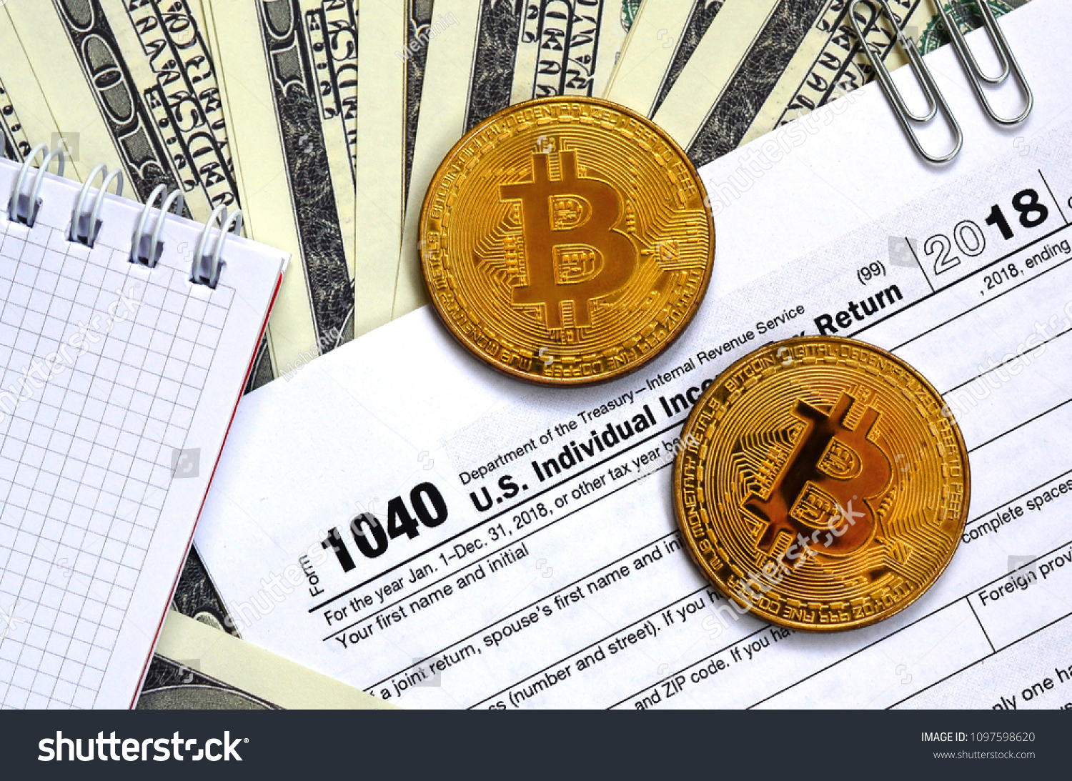 Pen Bitcoins Dollar Bills Lies On Stock Photo Edit Now 1097598620