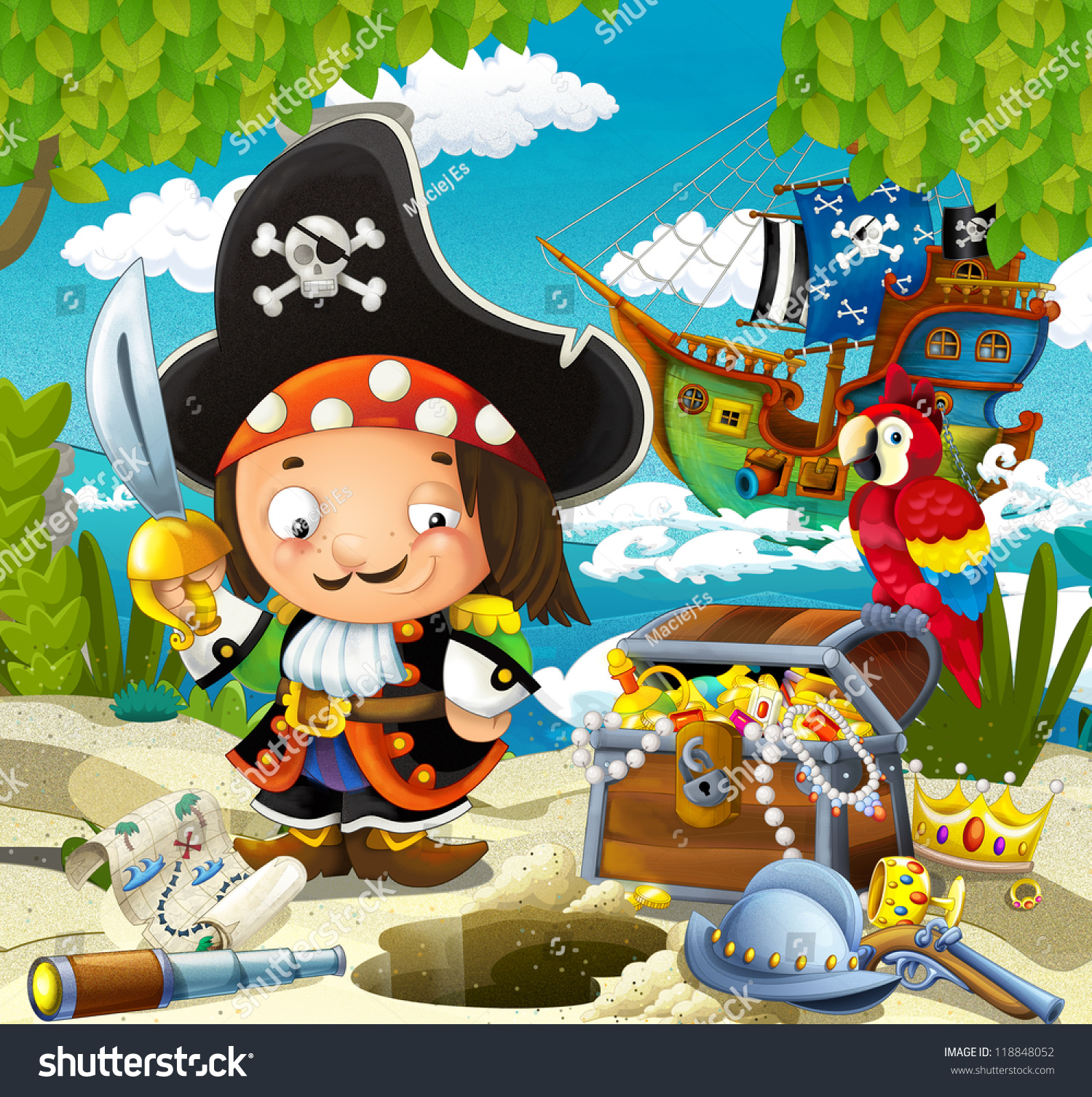 The Pirates, Treasure Hunt - Illustration For The Children - 118848052 ...