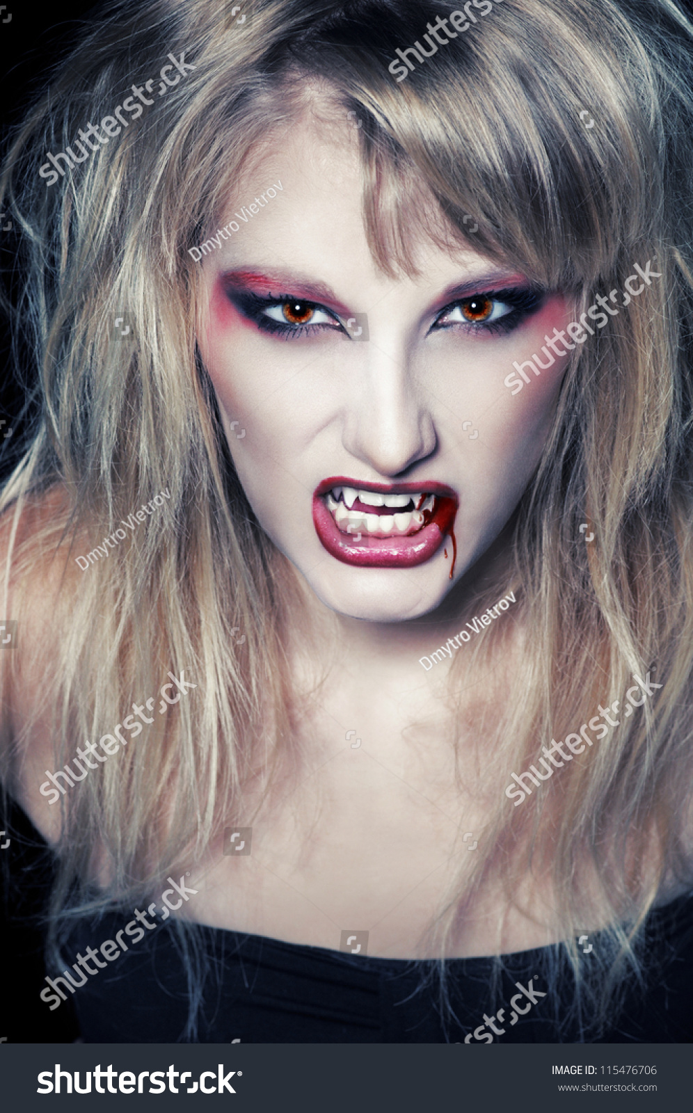The Portrait Of A Blond Girl Vampire With Bloody Streaks Stock Photo ...