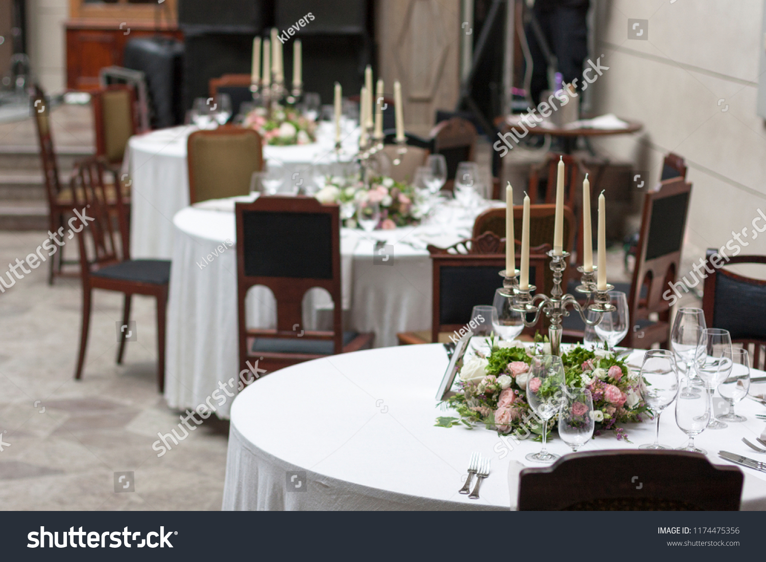 Restaurant Decorated Candelabra Flowers On Wedding Stock Photo