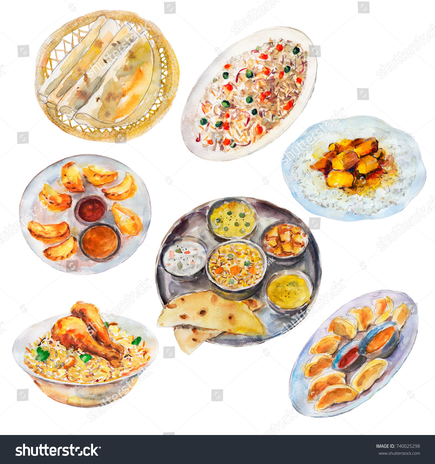 Set Indian Nepali Food Watercolor Illustration Stock Illustration 740025298