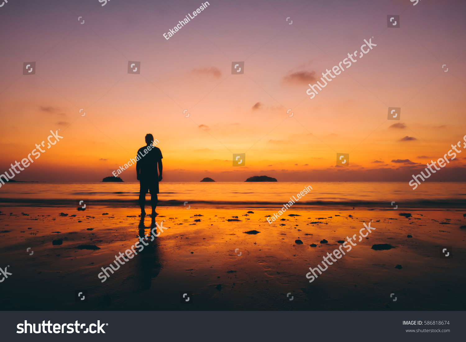 Silhouette Man Sitting Alone Beach Concept Stock Photo Edit Now
