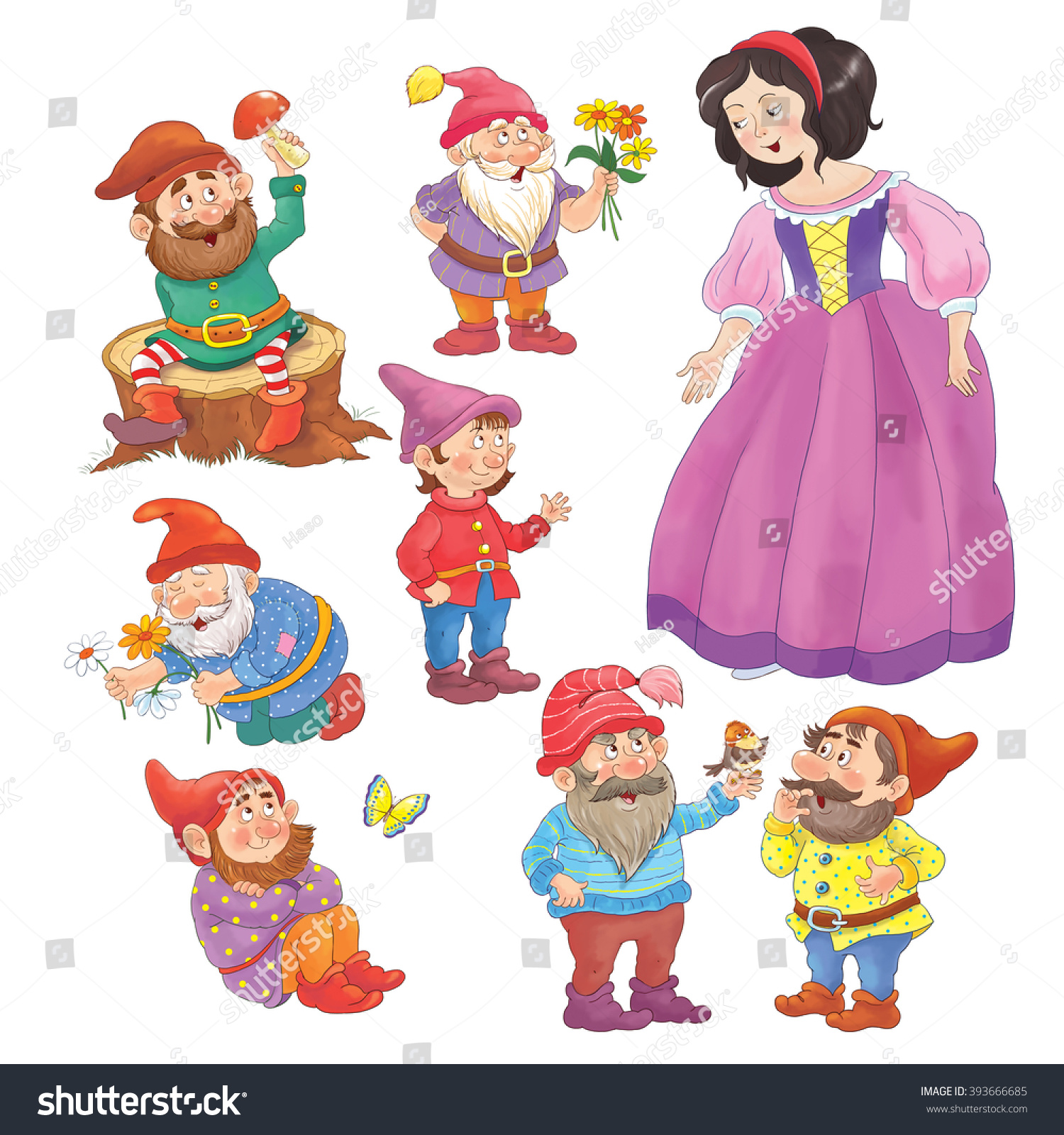 白雪姫と七人のこびと おとぎ話 白い背景にかわいい7人の小人と美しい王女が別々に立っています 子ども向けのイラスト 塗り絵 ページの色付け のイラスト素材