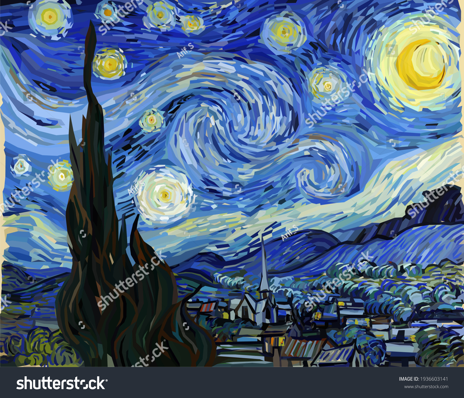 The Starry Night - Vincent van Gogh Wall Mural Traditional Painting Conceptual Polygonal Illustration