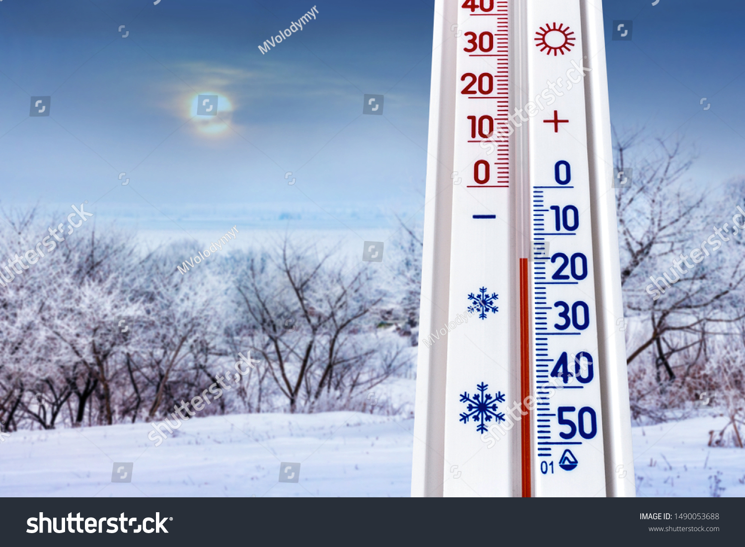 Stock Photo The Thermometer On A Background Of Winter Landscape Shows Degrees Of Frost Cold Weather In 1490053688 