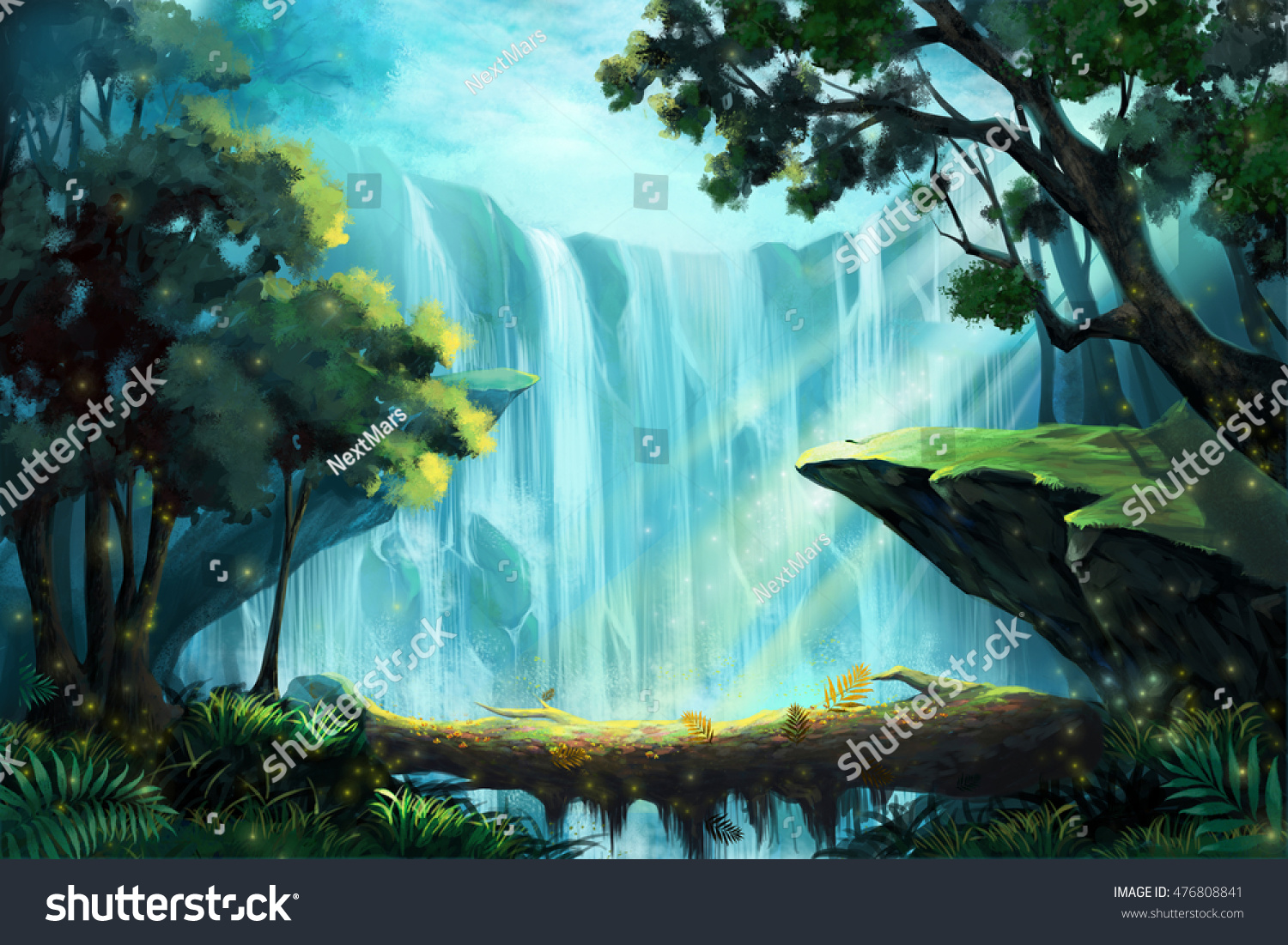 滝の近くの深い森の中の木造の橋 ビデオゲームのデジタルcgアートワーク コンセプトイラスト リアルな漫画スタイルの背景 のイラスト素材