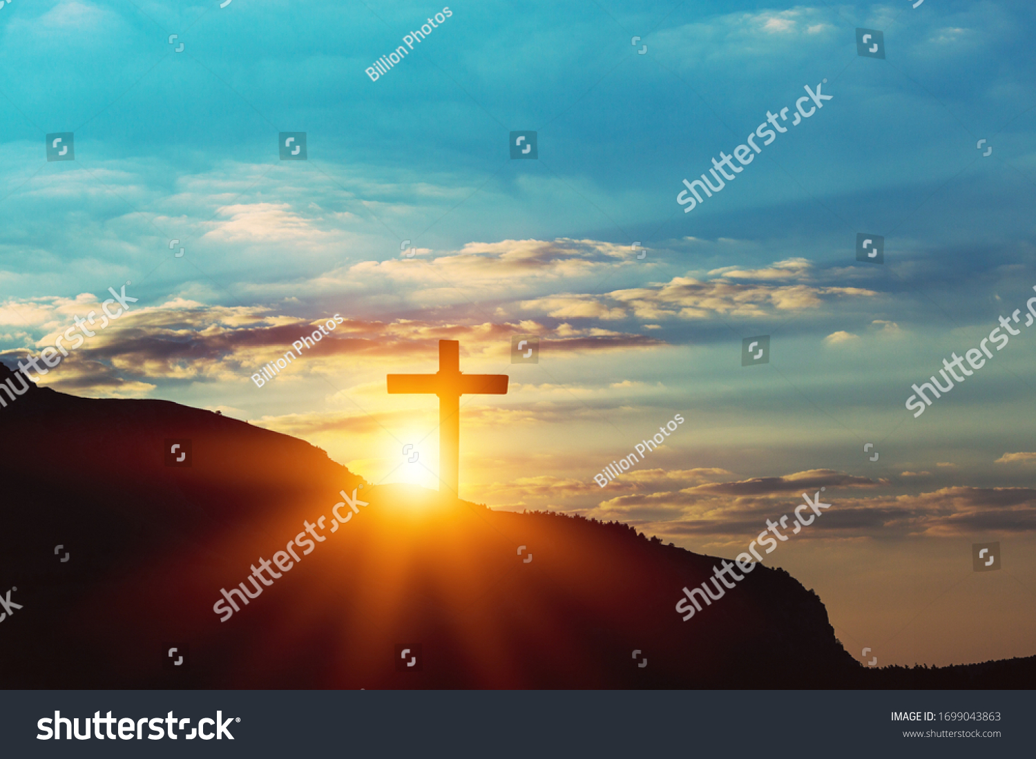 Wooden Cross On Mountain On Sunset Stock Photo (Edit Now) 1699043863