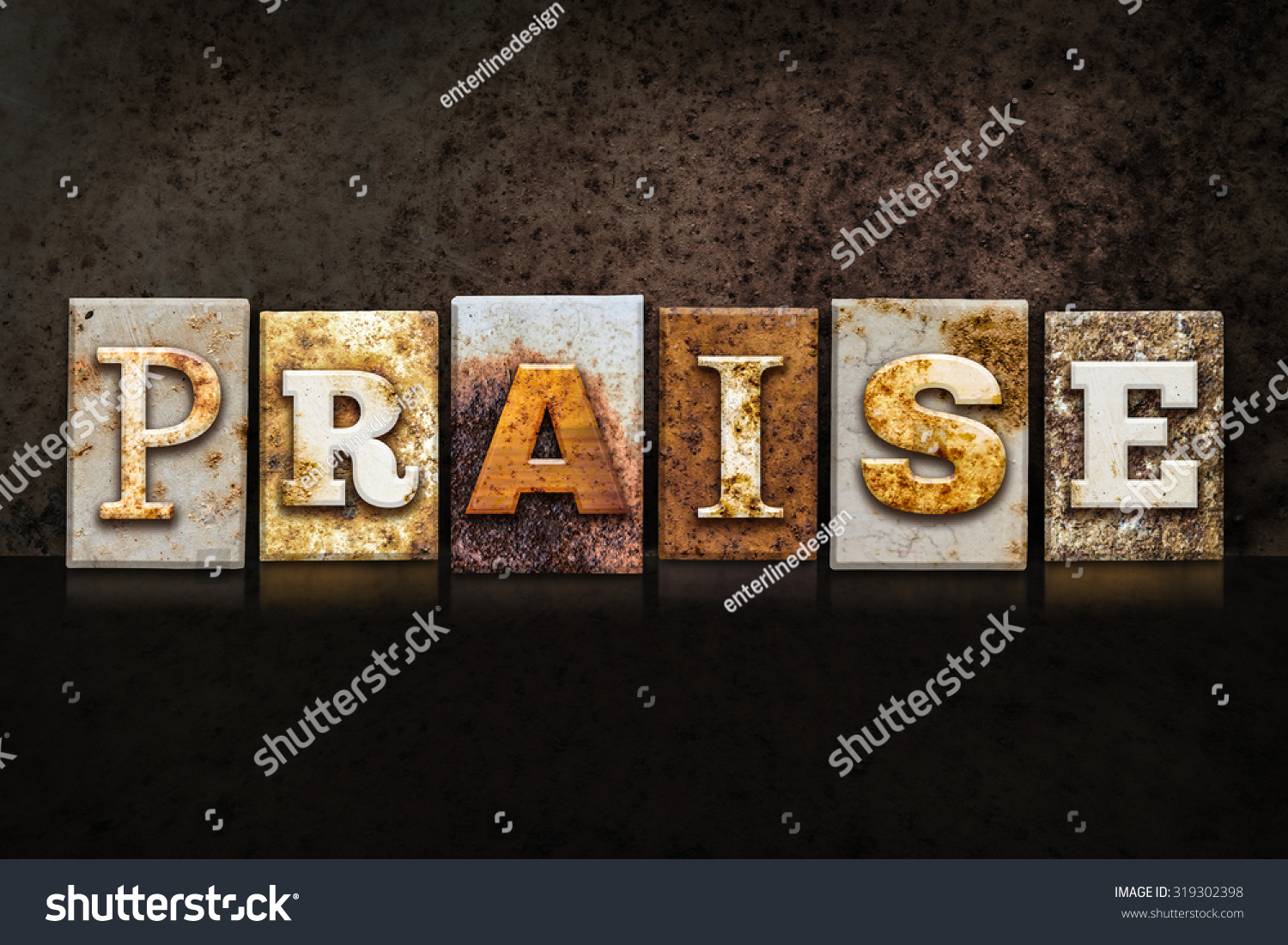 the-word-praise-written-in-rusty-metal-letterpress-type-on-a-dark-textured-grunge-background