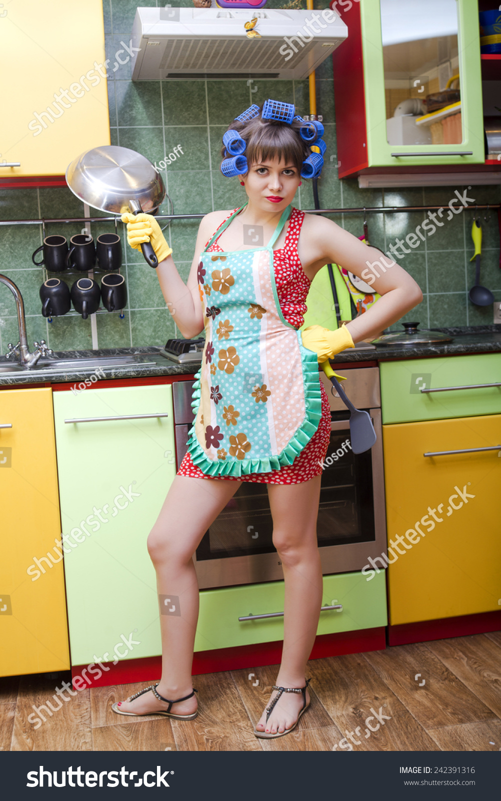 Young Housewife Apron Hair Curlers On Stock Photo (Edit Now) 242391316