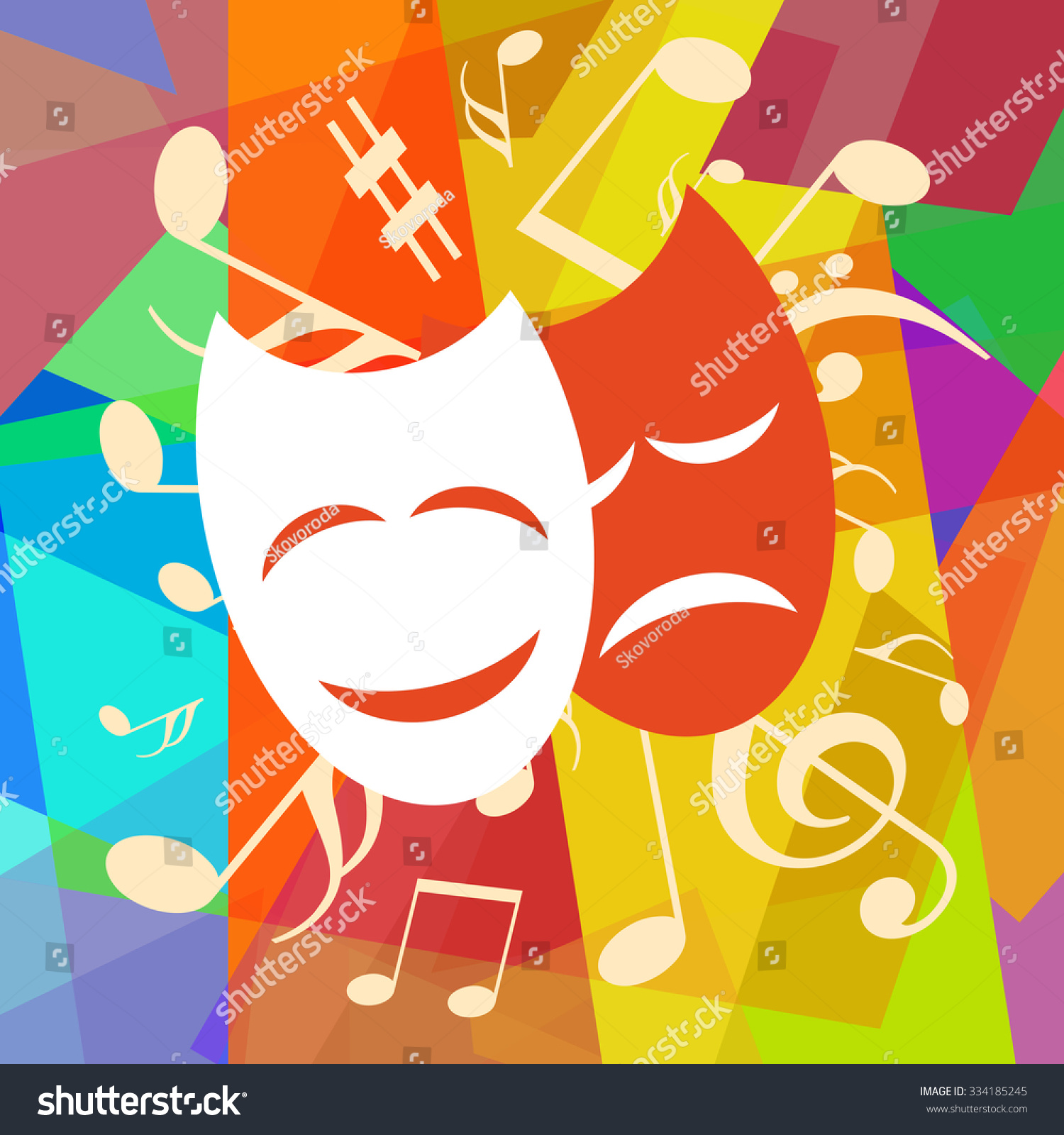 Theater Masks And Musical Notes On Abstract Art Background Stock Photo ...