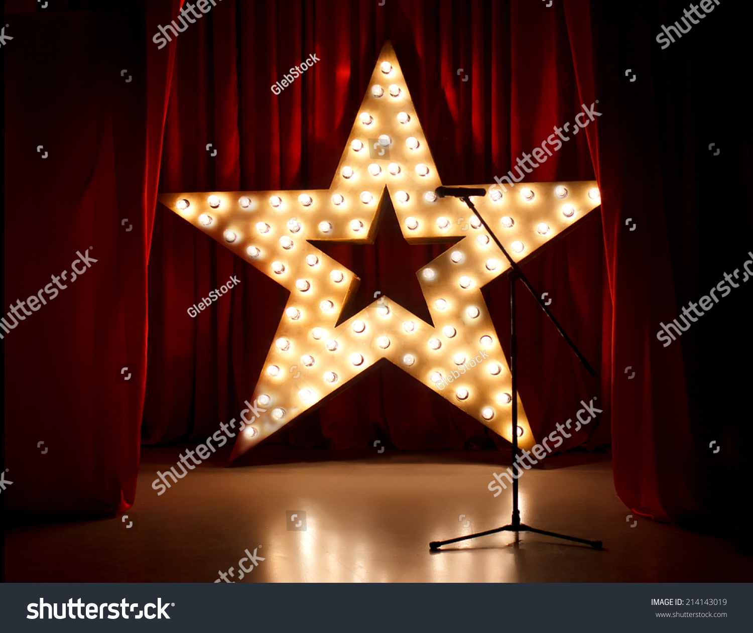 Theater Stage Red Curtainsmicrophone Golden Lightstar Stock Photo ...