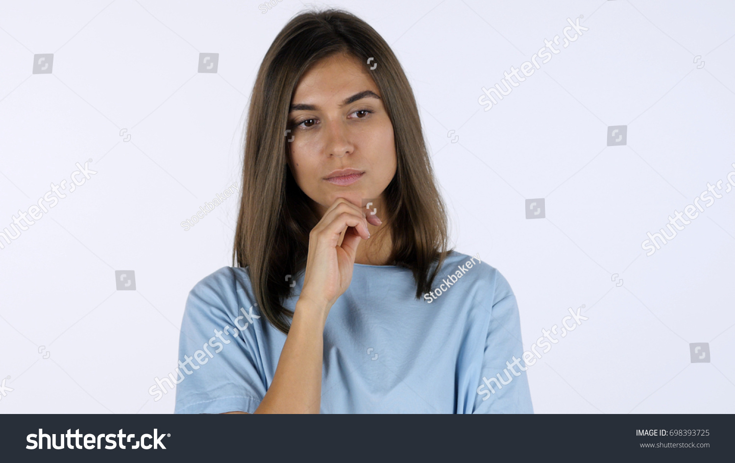 Thinking Pensive Beautiful Girl White Background Stock Photo