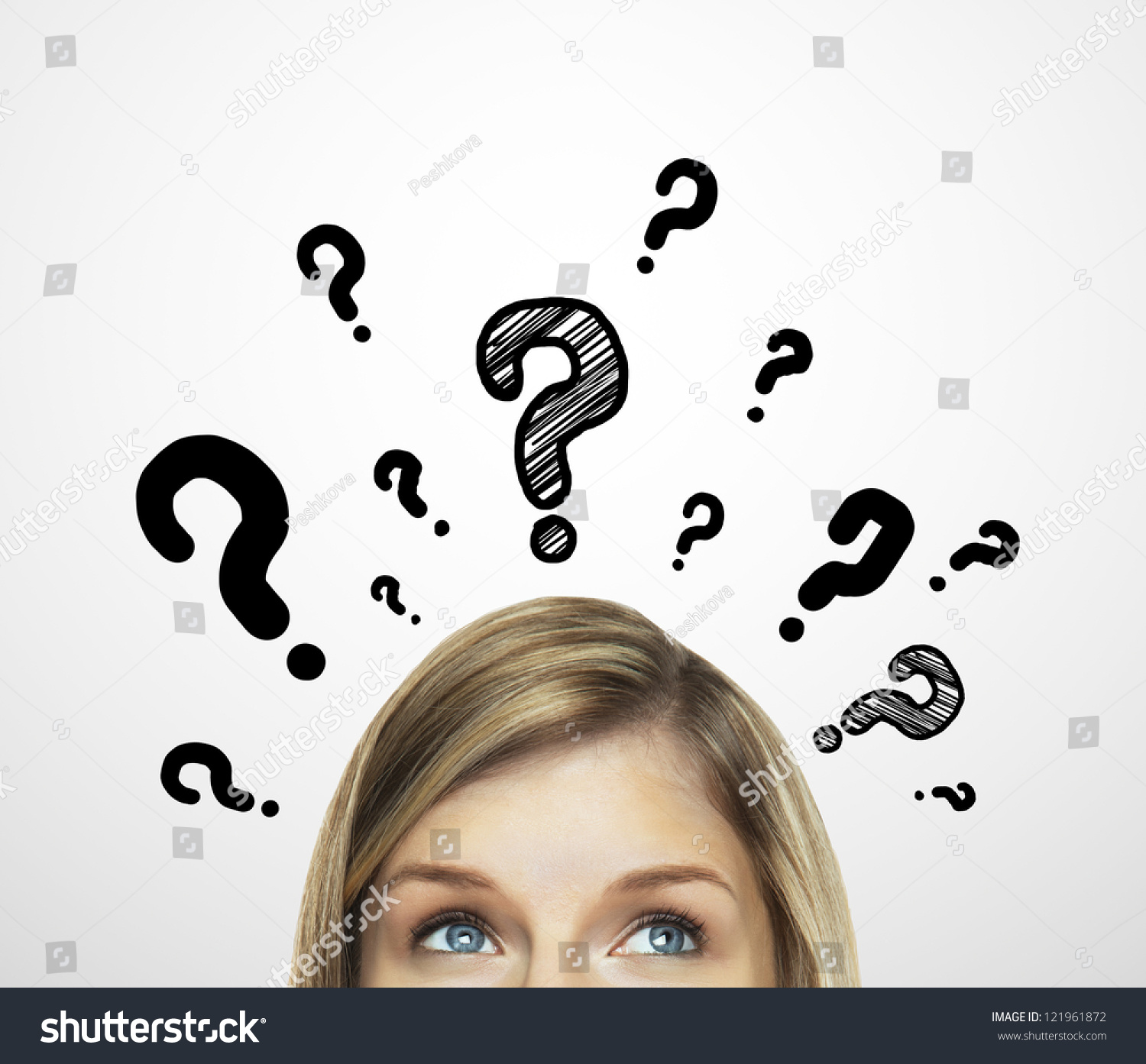 thinking women with question mark on white background
