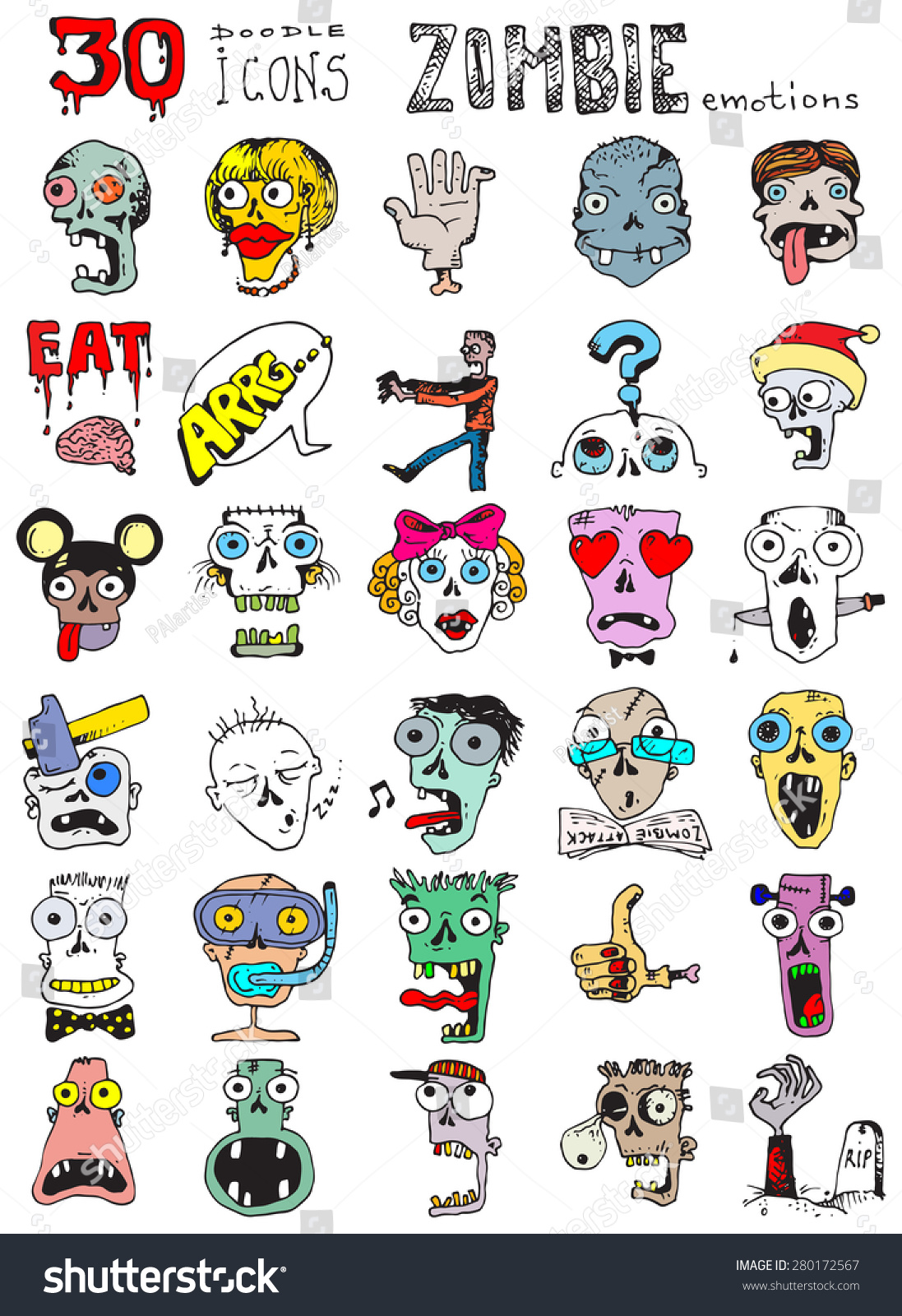 Thirty Doodle Icons Illustration ZOMBIE Horror Stock Illustration