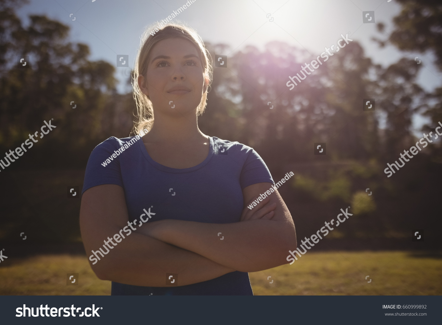  Tawny Brown Classic  Template Design Featuring Thoughtful Woman Standing with Arms Crossed