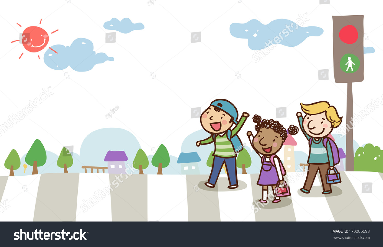 Three Children Crossing The Road At A Cross Walk. Stock Photo 170006693 ...