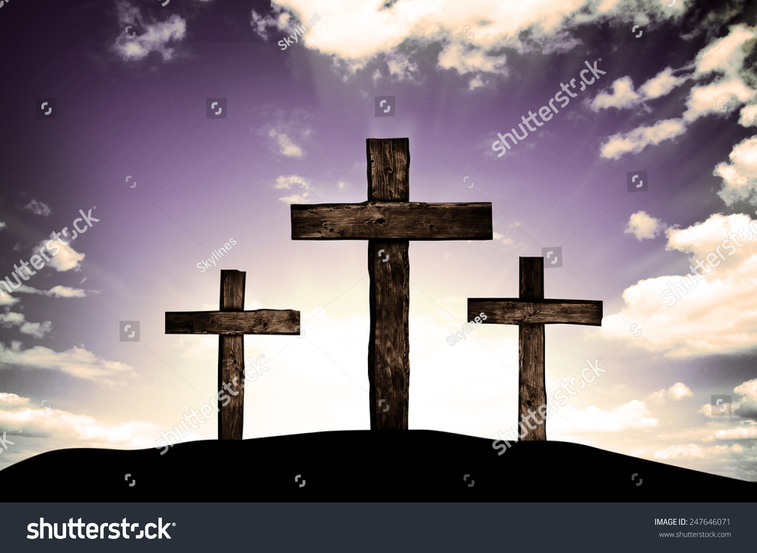 Three Crosses On A Hill And Dark Sky With Sun Rays Stock Photo ...