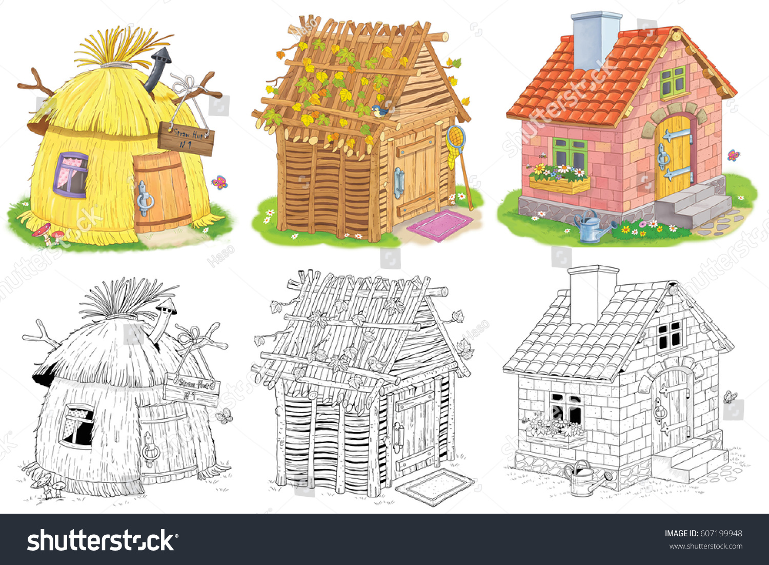 stock photo three different cute houses a straw hut a house made of sticks and a brick house three little 607199948