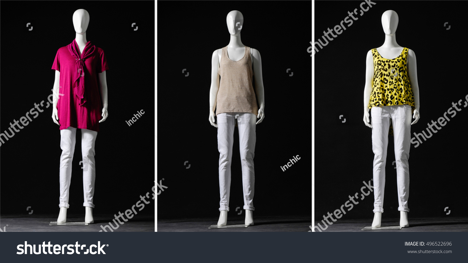 Three Female Mannequin Dressed In Shirt,Jeans On Black Background Stock ...