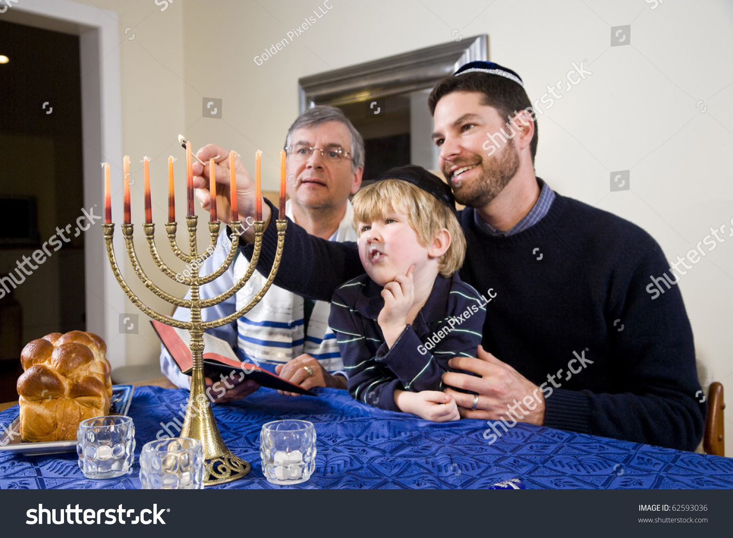 Three Generation Jewish Family Lighting Chanukah Menorah Stock Photo ...