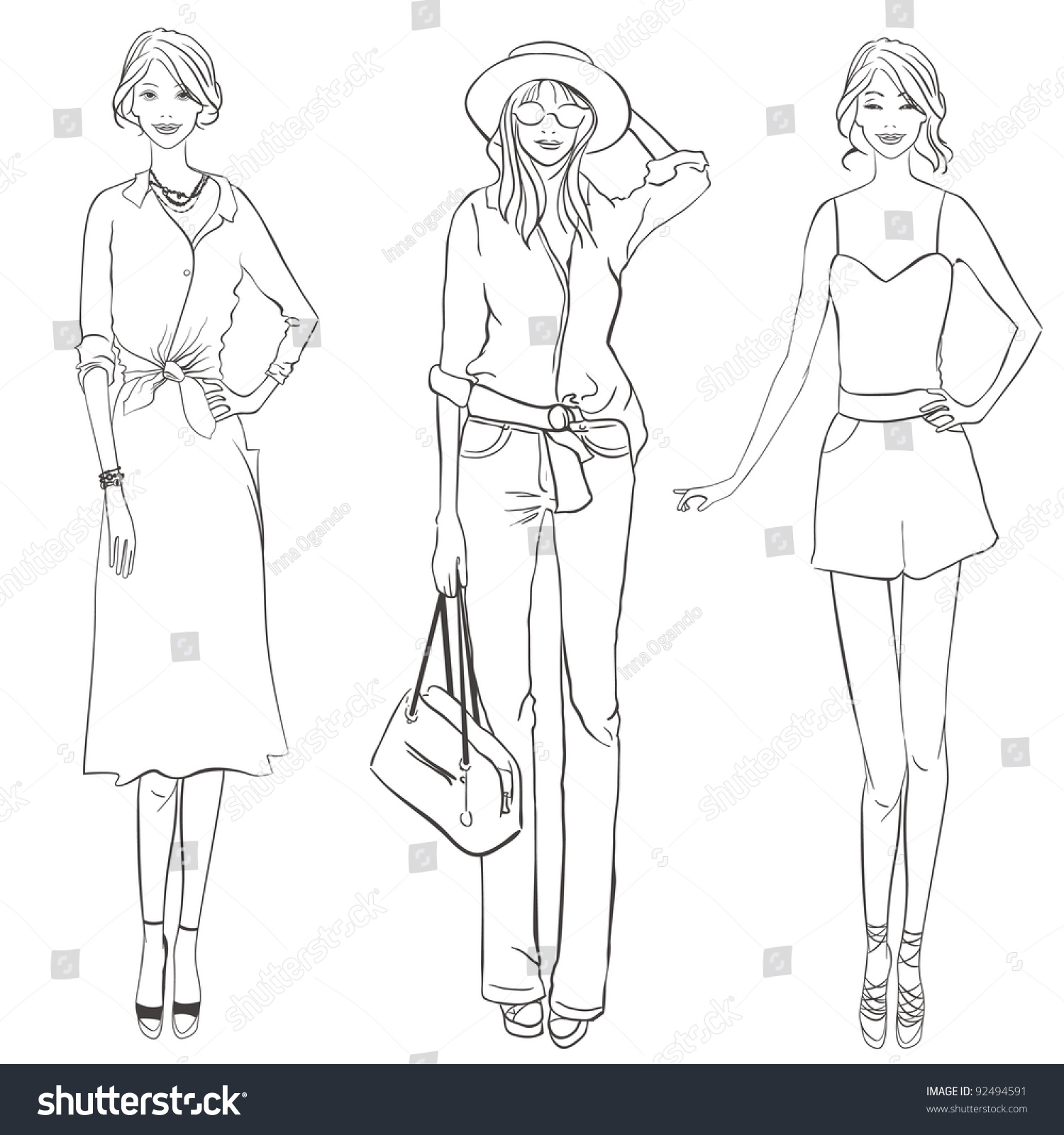 Three Girls With Different Garment. Fashion Designer Sketch. Stock ...