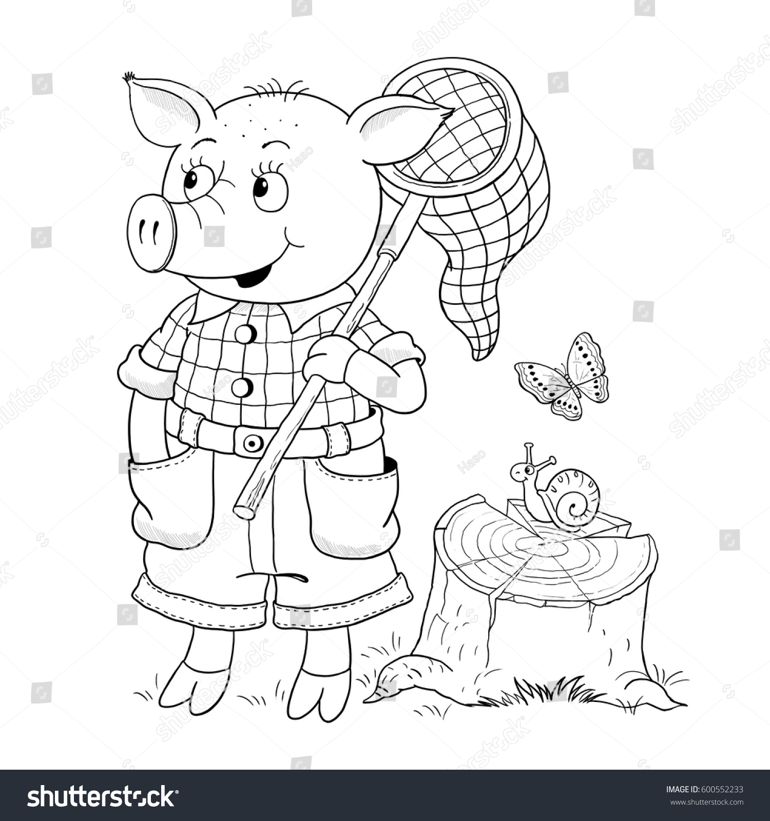 Three little pigs Fairy tale A cute pig with a butterfly net Coloring