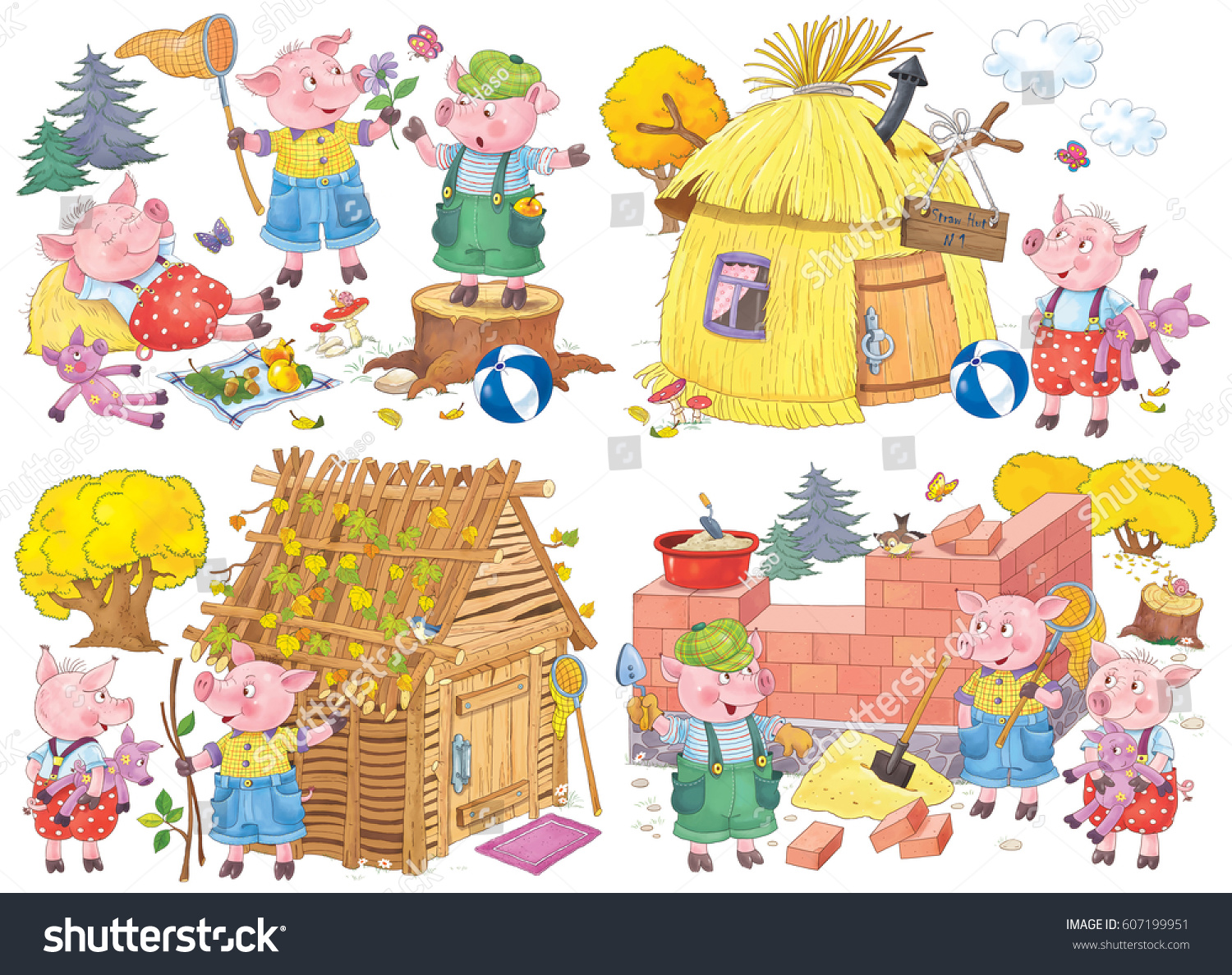 Three Little Pigs Fairy Tale Coloring Stock Illustration 607199951 Shutterstock