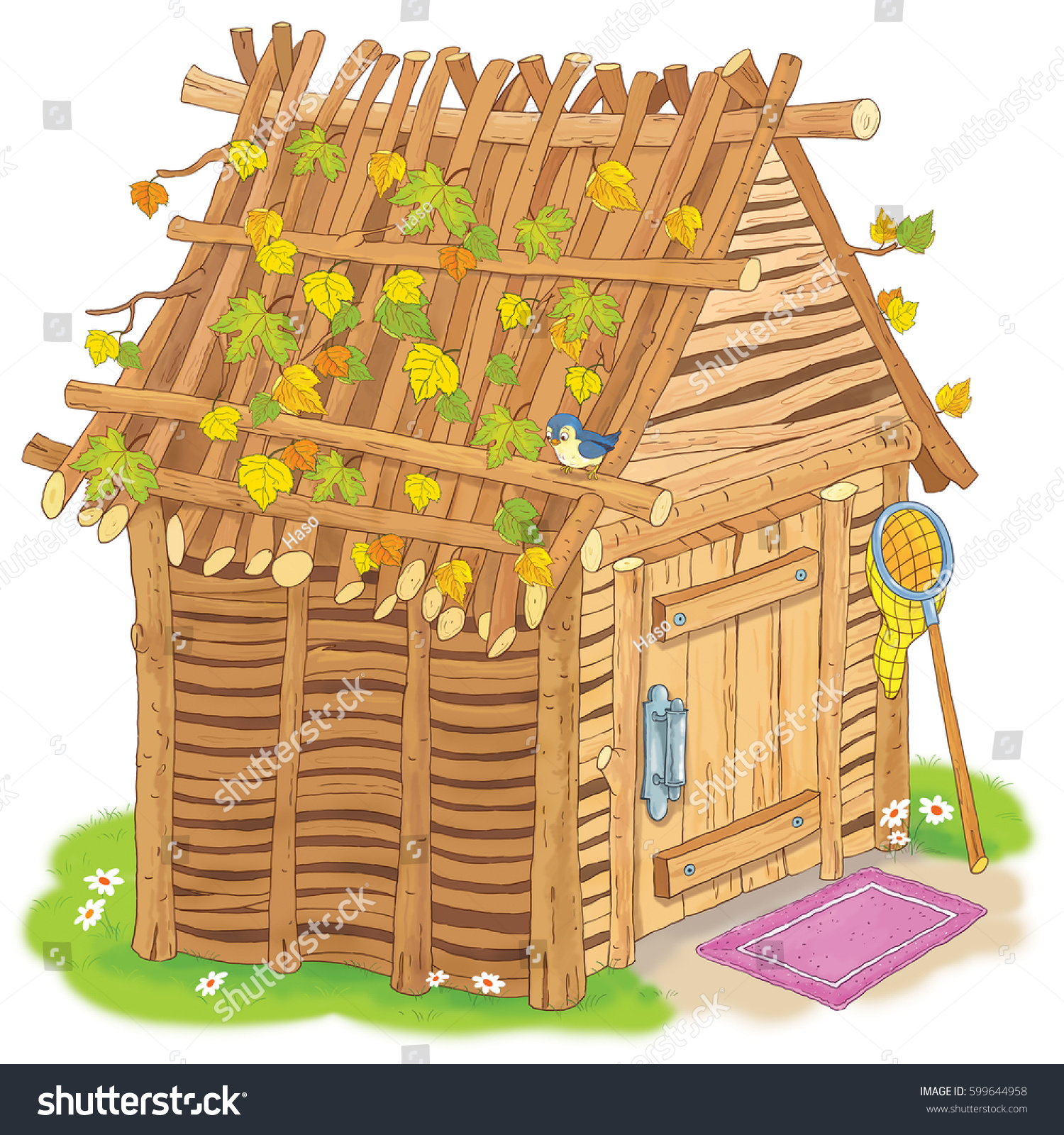 Three little pigs Fairy tale House made of sticks Illustration for children