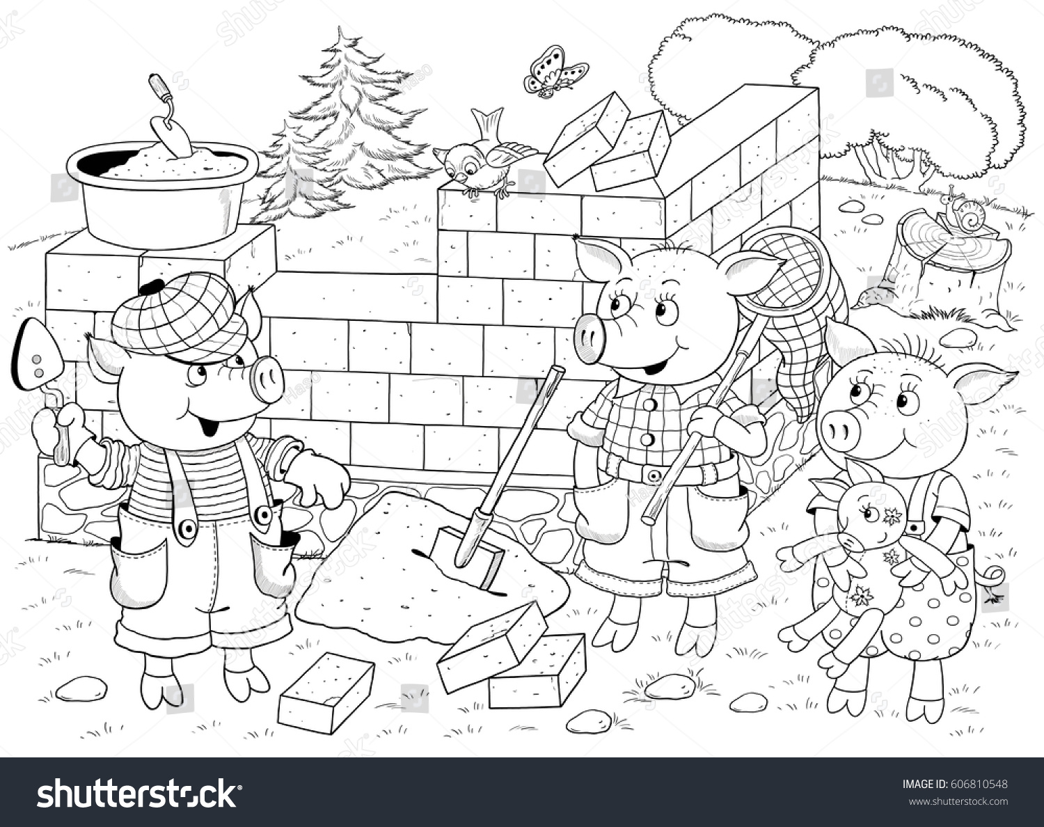 Three little pigs Page four Fairy tale Coloring book Coloring page