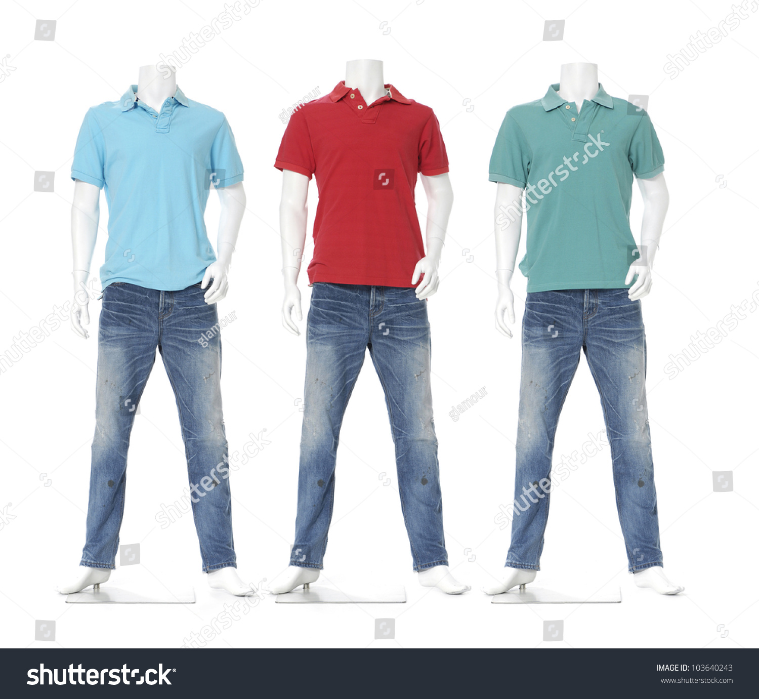 Three Male Mannequin Dressed In Jeans With T-Shirt Isolated On White ...