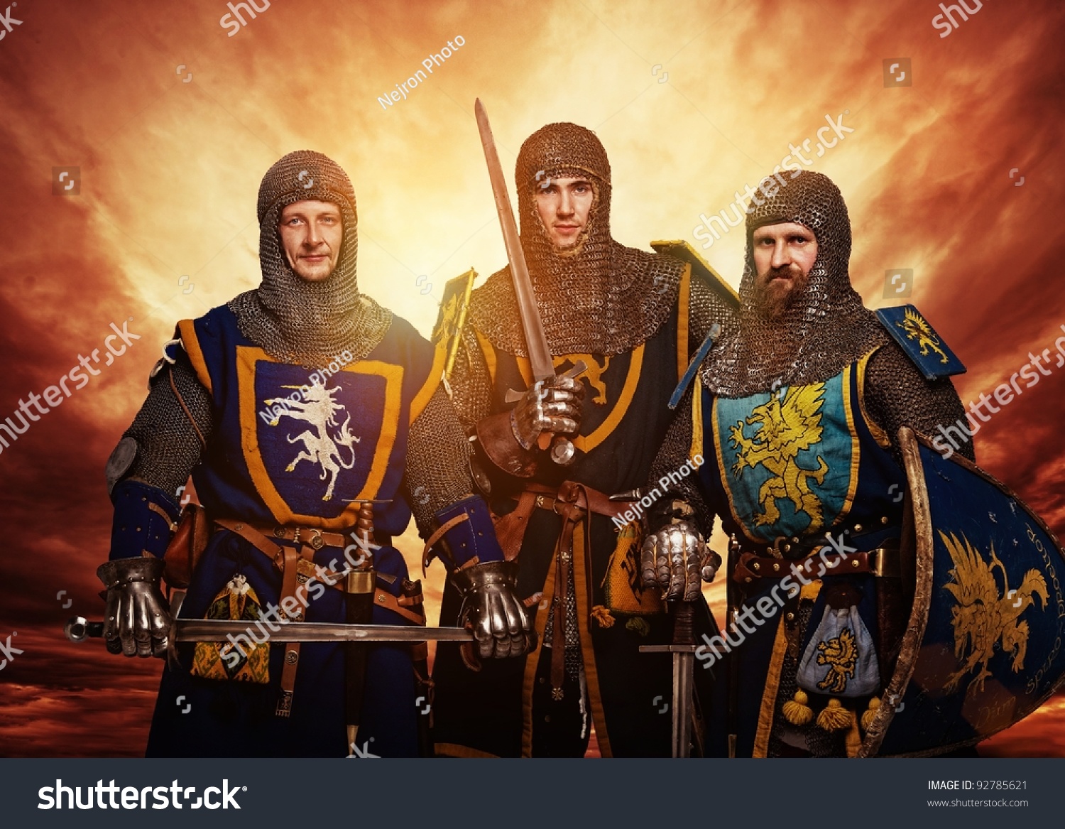 Three Medieval Knights Against Stormy Sky. Stock Photo 92785621 ...