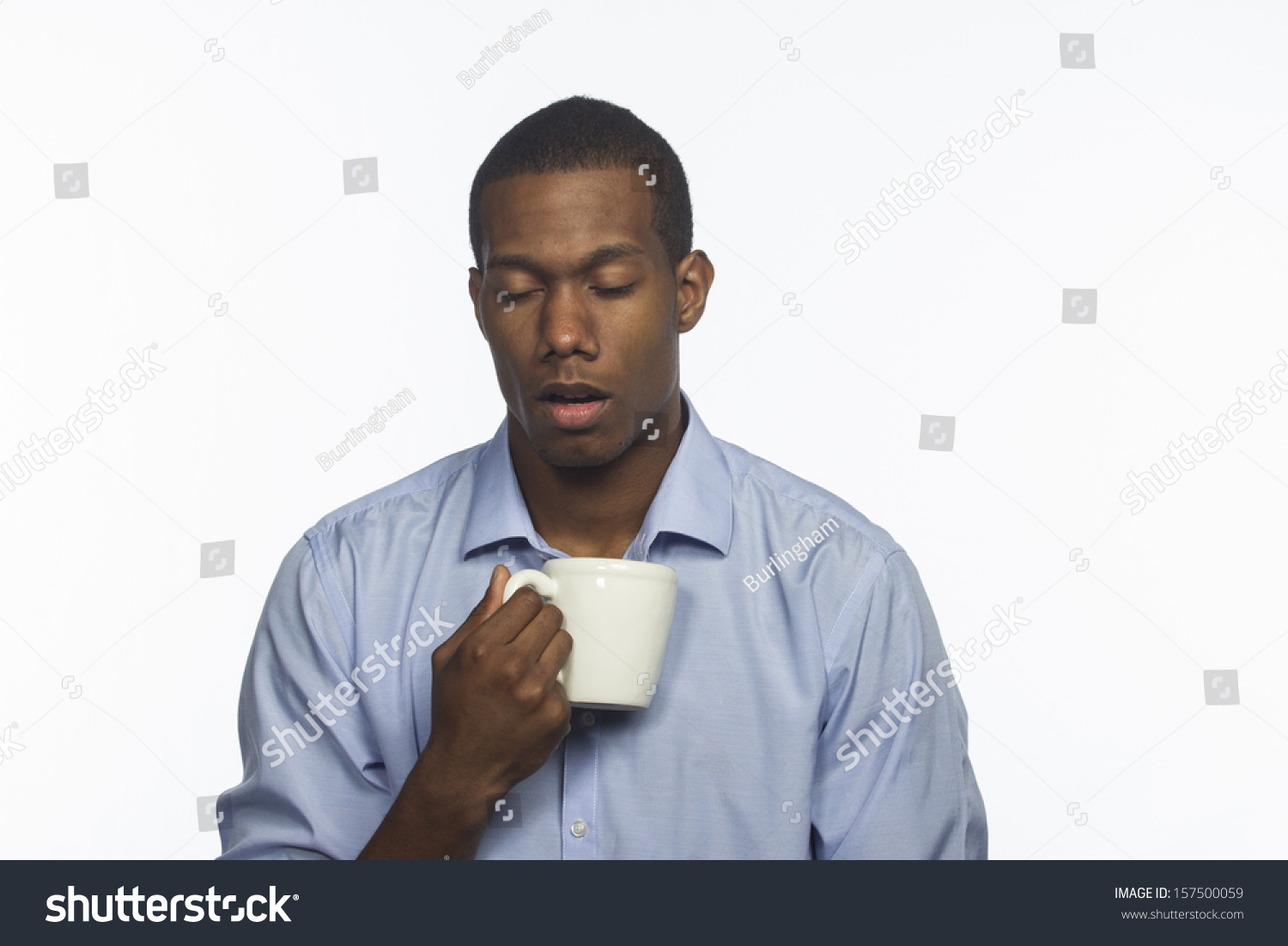 Tired Black Man Cup Coffee Horizontal Stock Photo (Edit Now) 157500059