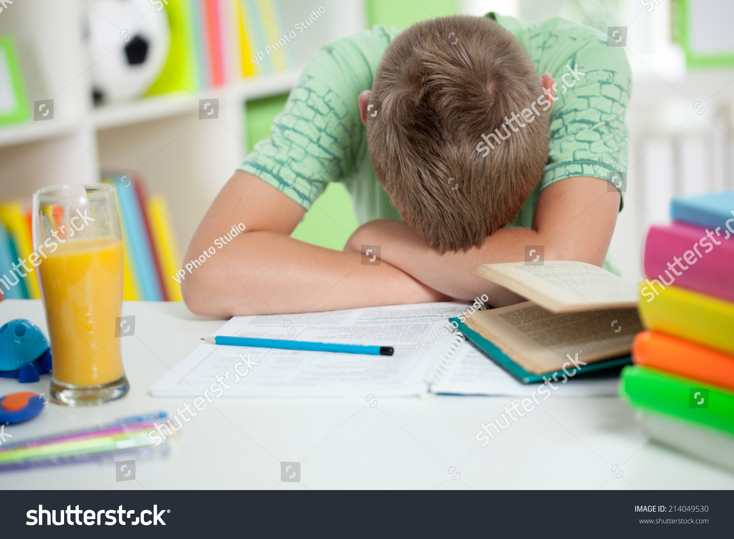 Tired Kid Sleeping On Desk Home Stock Photo Edit Now 214049530
