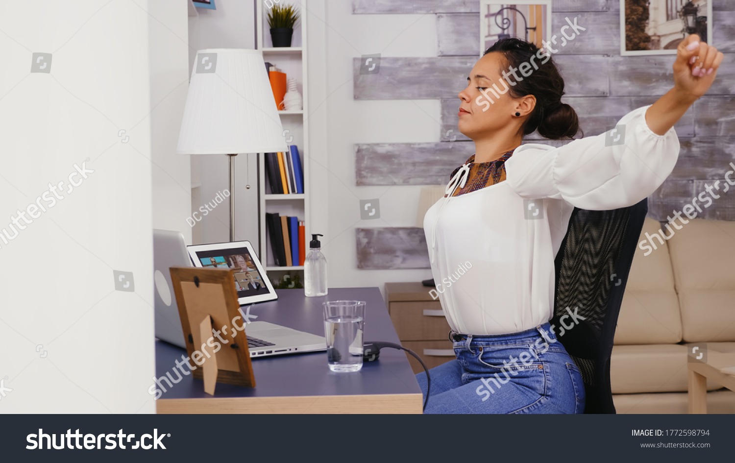 Tired Woman Home Office Stretching Her Stock Photo 1772598794 ...