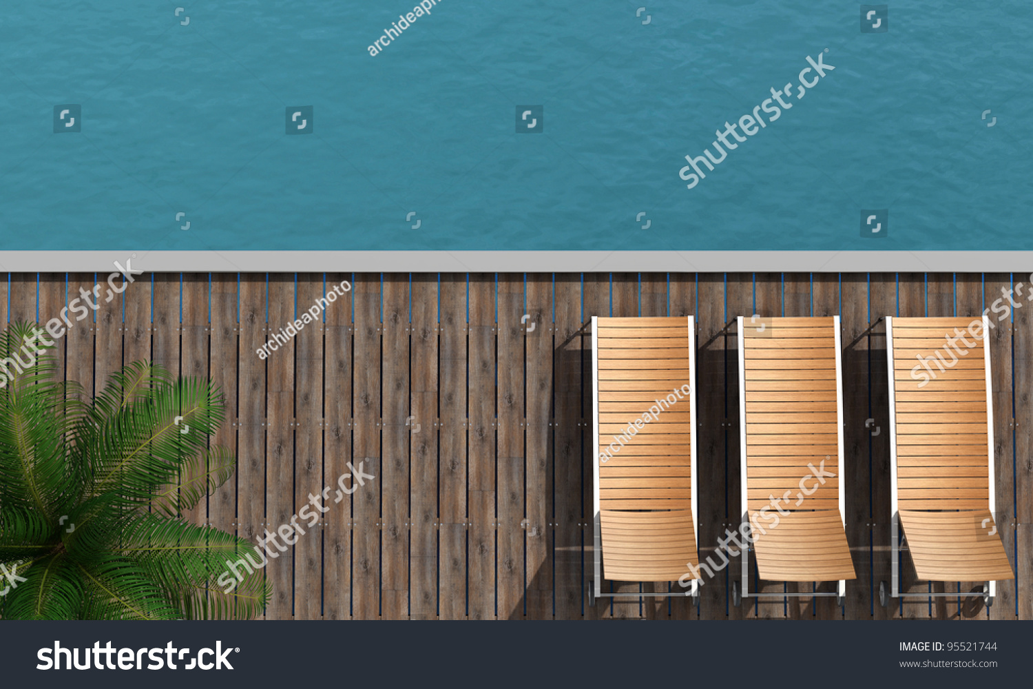 Top View Of A Boardwalk With Three Beach Chair And Palm Tree Top View Of A Boardwalk With Three Beach Chair And Palm Tree