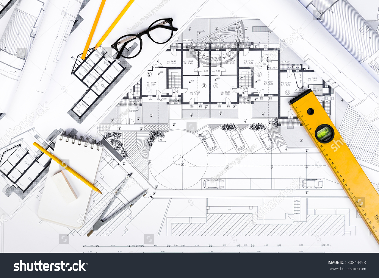 Top View Construction Plans Tablet Drawing Stock Photo