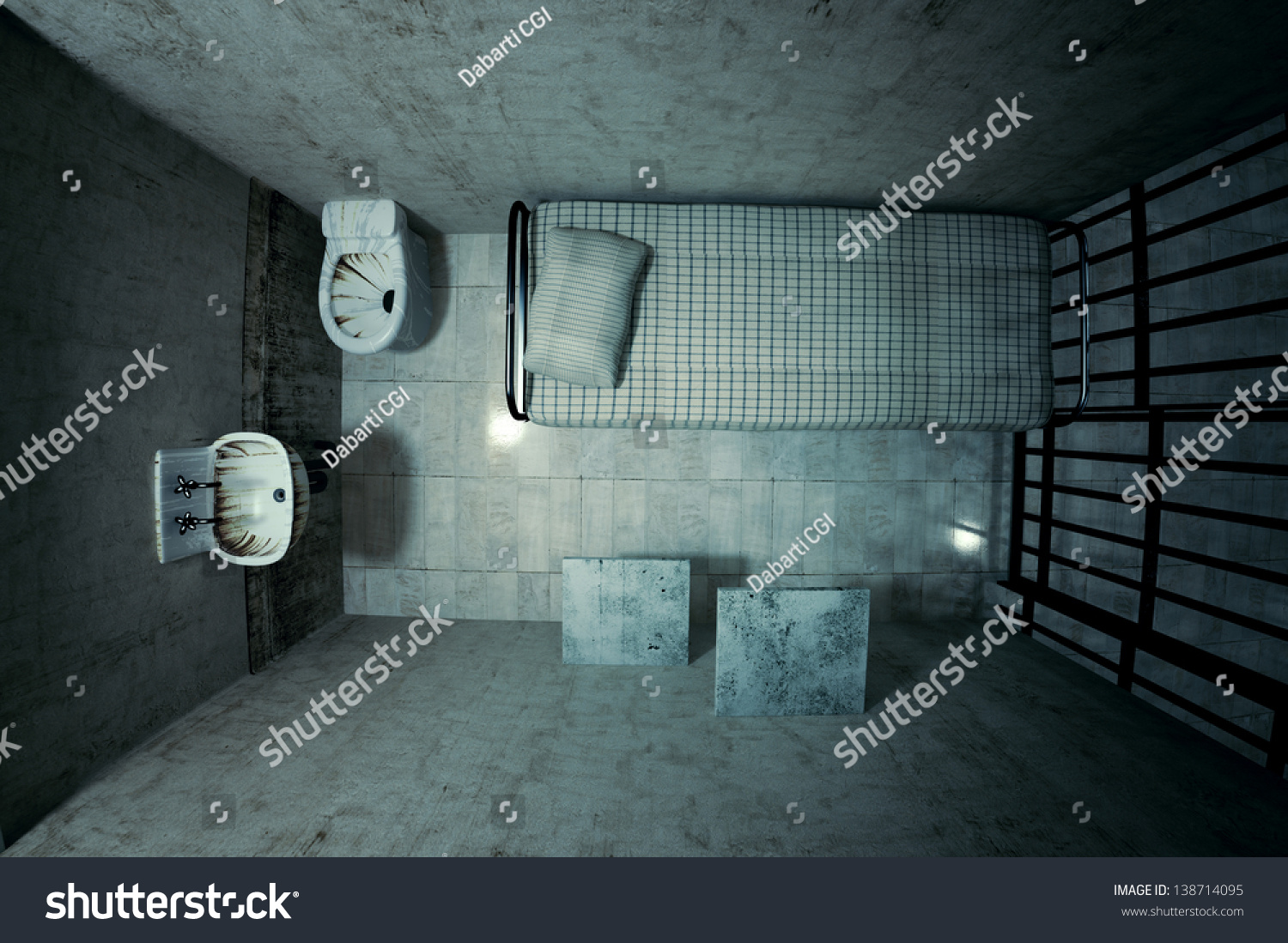 ベッド シンク トイレ 椅子を持つ1人用の ロックされた古い刑務所の監房の上面図 暗い雰囲気 のイラスト素材